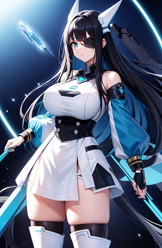 Phantasy Star Portable2 Game Characters Nagisa Adelheid Hauser ((Big Tits)) One beautiful girl ((Beautiful long black hair)) Jade green eyes Highest quality Bangs Princess Cut ((He wears an eyepatch on his right eye)) White formal wear mini skirt He has a giant blue mechanical sword Her skin is as white as possible, and she wears blue knee-high boots Deuman Mysterious atmosphere Space Station Cute Girls Rin々A funny expression