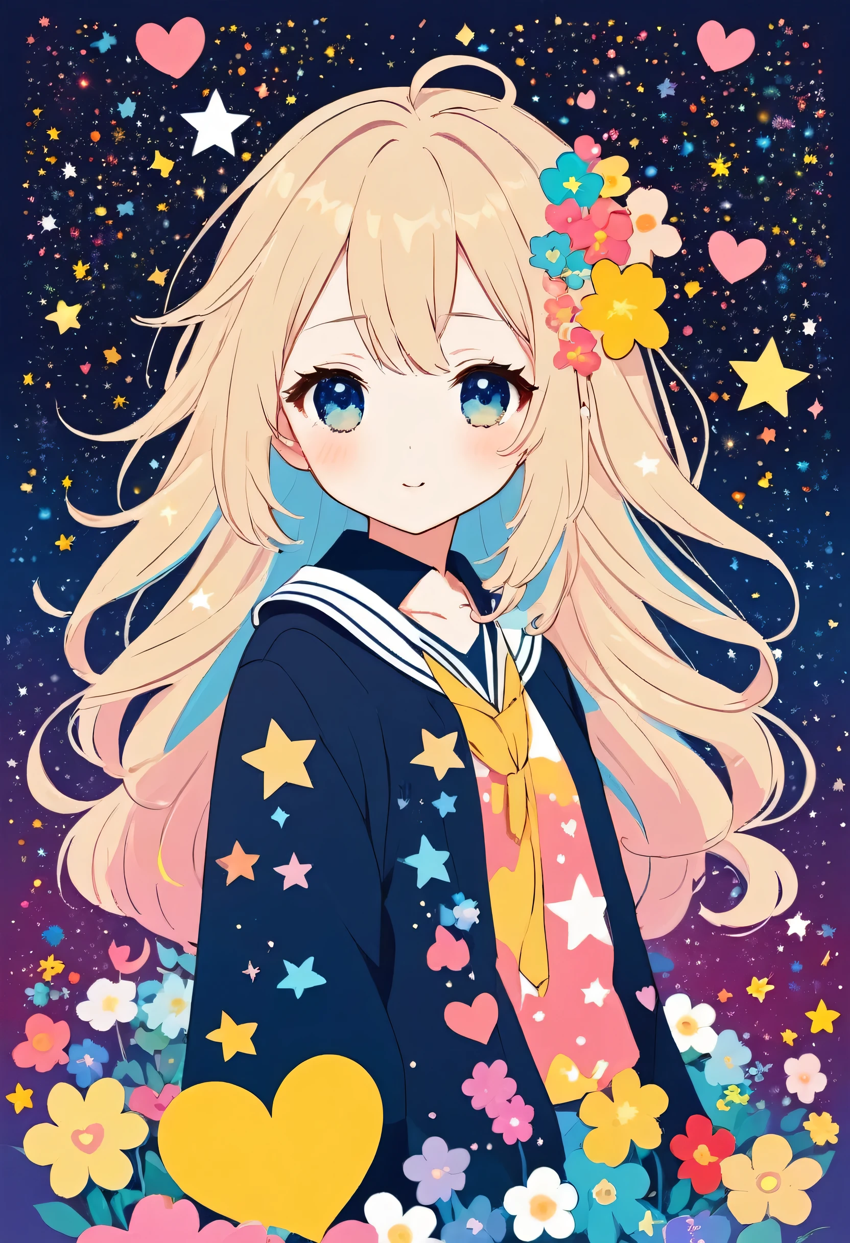 Mika Pikazo style, Simple Line Initialism,Abstract art,Kawaii Design, The most beautiful girl of all time、chibi, The background is star dust, colorful hearts, colorful flowers,