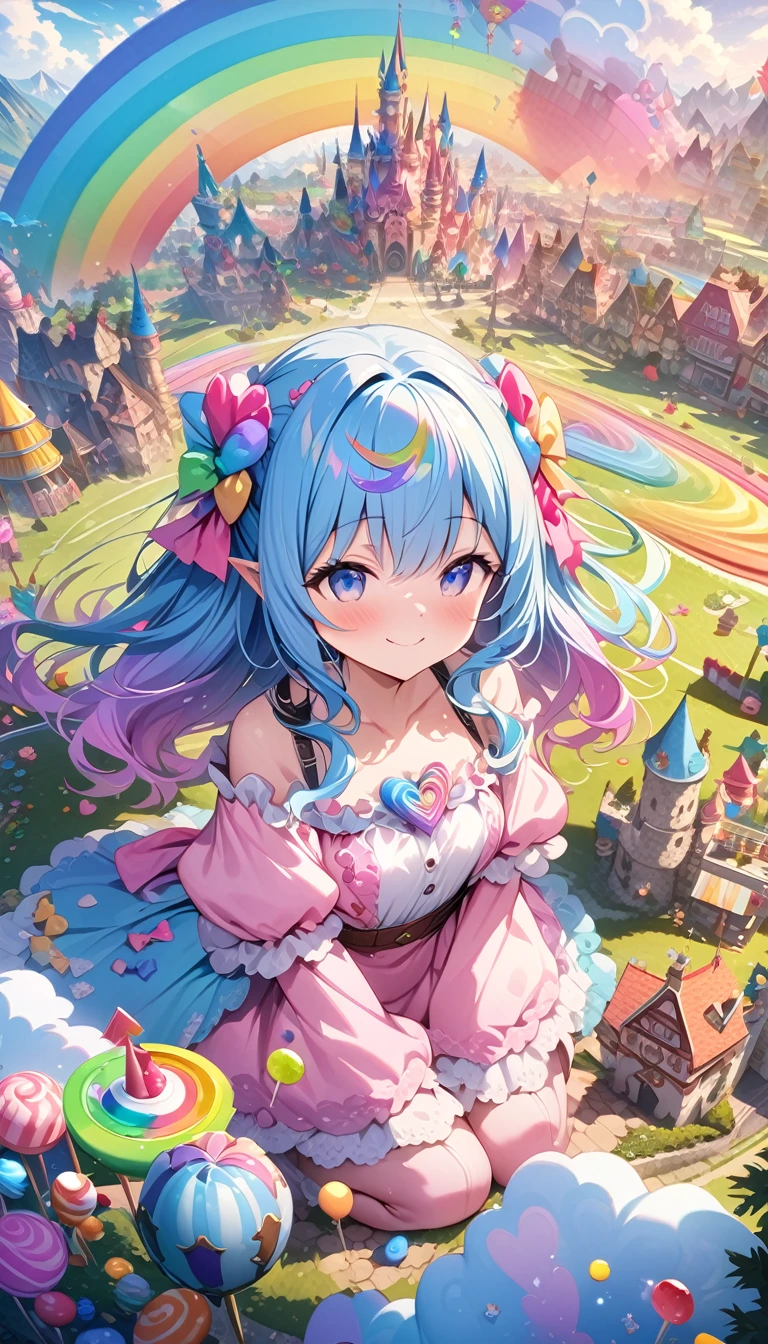 ((masterpiece, highest quality, Highest image quality, High resolution)), ((Extremely detailed CG unified 8k wallpaper)), Candyland, Candy Kingdom, Candy Castle, A fairy tale world, lined with houses of candy and a rainbow of juice fountains, Colorful, pop, fantasy, dreamy, Smile,