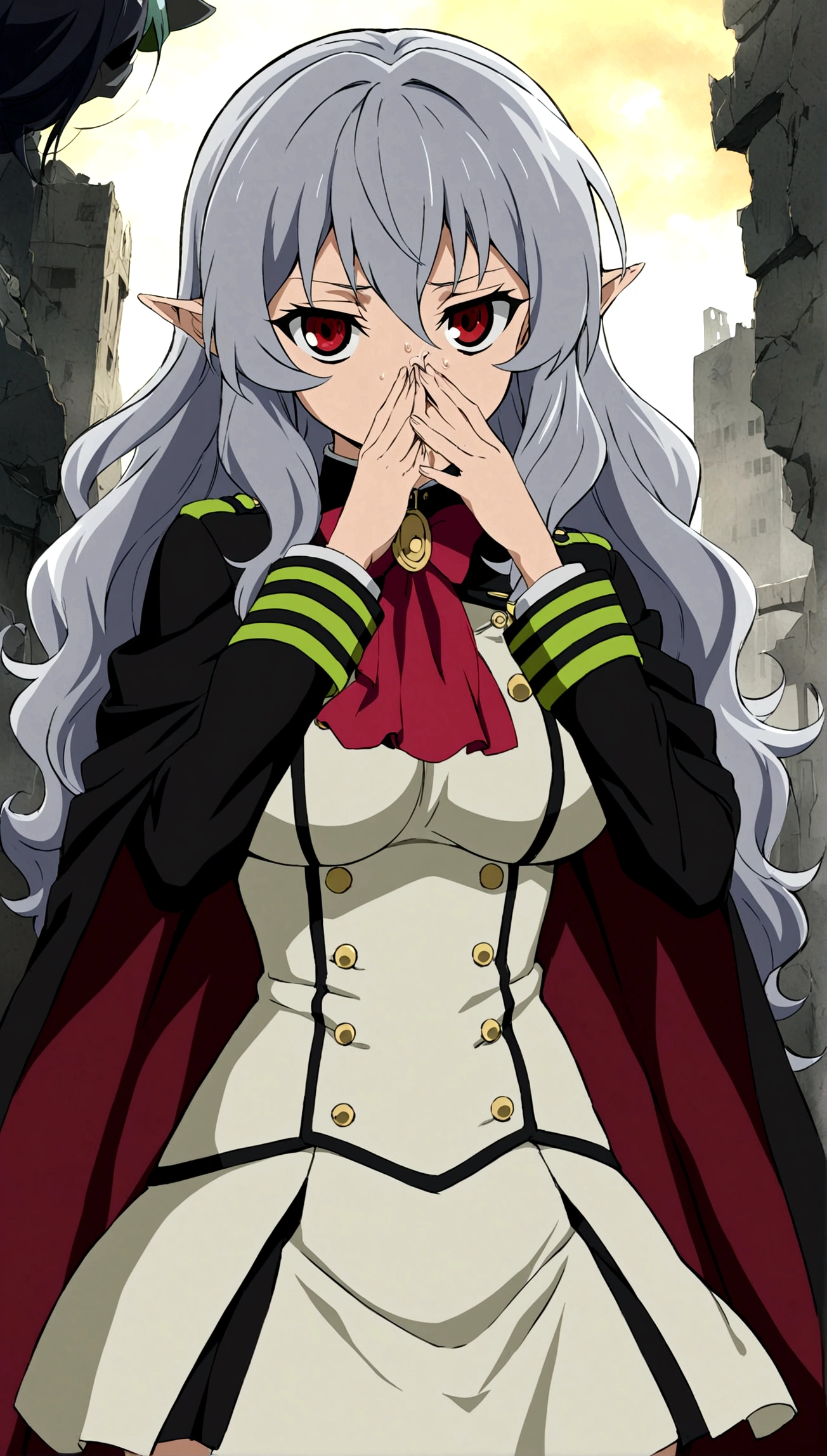 Anime. Owari no Seraph. 1 Girl. Dear . A vampire. Progenitor Clumsy. Silver hair. Wavy hair. Long hair. Red eyes. Beautiful eyes. Perfect eyes. Expressive eyes. Ideal face. Perfect body. Beautiful long ones. legs. Beautiful nose. 18 years. Big breasts. Standing. Full length Beautiful character design. Shiny skin. Cold. Runny nose. Nasal mucus. Snot. Wants to sneeze. She needs to sneeze. Strong, desperate desire to sneeze. She sneezes. She sneezes, covering her nose with her hands. Handkerchief. Blows his nose. Snot flows from the nose. Pointy ears. White dress. Vampire uniform dress from
Owari no Seraph. Black stockings. Heeled shoes. Rapier in right hand. Left hand with a handkerchief near the face. Ruins of Tokyo. Full body. NSF. Official art. Extremely detailed CG Unity 8k wallpaper. Ideal lighting. Ultra high resolution 4K. Super detailed 8K. A high resolution.