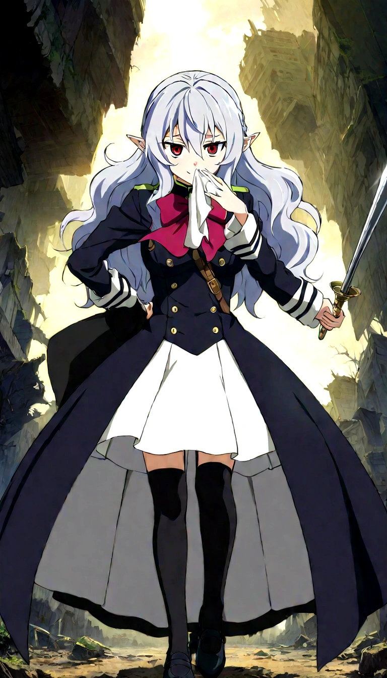 Anime. Owari no Seraph. 1 Girl. Dear . A vampire. Progenitor Clumsy. Silver hair. Wavy hair. Long hair. Red eyes. Beautiful eyes. Perfect eyes. Expressive eyes. Ideal face. Perfect body. Beautiful long ones. legs. Beautiful nose. 18 years. Big breasts. Standing. Full length Beautiful character design. Shiny skin. Cold. Runny nose. Nasal mucus. Snot. Wants to sneeze. She needs to sneeze. Strong, desperate desire to sneeze. She sneezes. She sneezes, covering her nose with her hands. Handkerchief. Blows his nose. Snot flows from the nose. Pointy ears. White dress. Vampire uniform dress from
Owari no Seraph. Black stockings. Heeled shoes. Rapier in right hand. Left hand with a handkerchief near the face. Ruins of Tokyo. Full body. NSF. Official art. Extremely detailed CG Unity 8k wallpaper. Ideal lighting. Ultra high resolution 4K. Super detailed 8K. A high resolution.