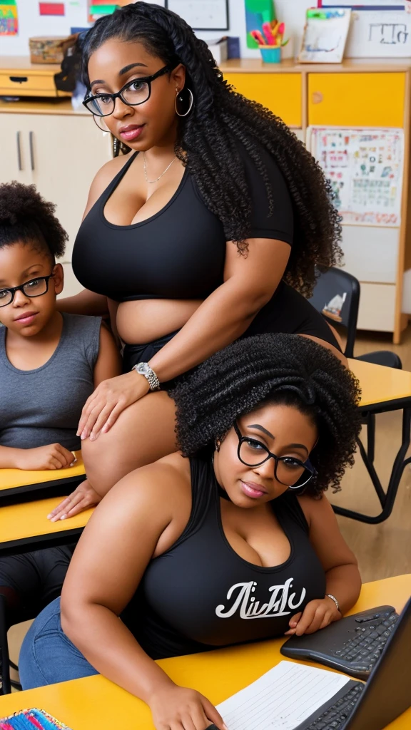 Light skinned African American women, fluffy big curly afto, glasses, cute face card, big mommy milker tits, Juicy fat ass, wearing black colored tube top, and black colored biker shorts, at  with kids sitting in desk