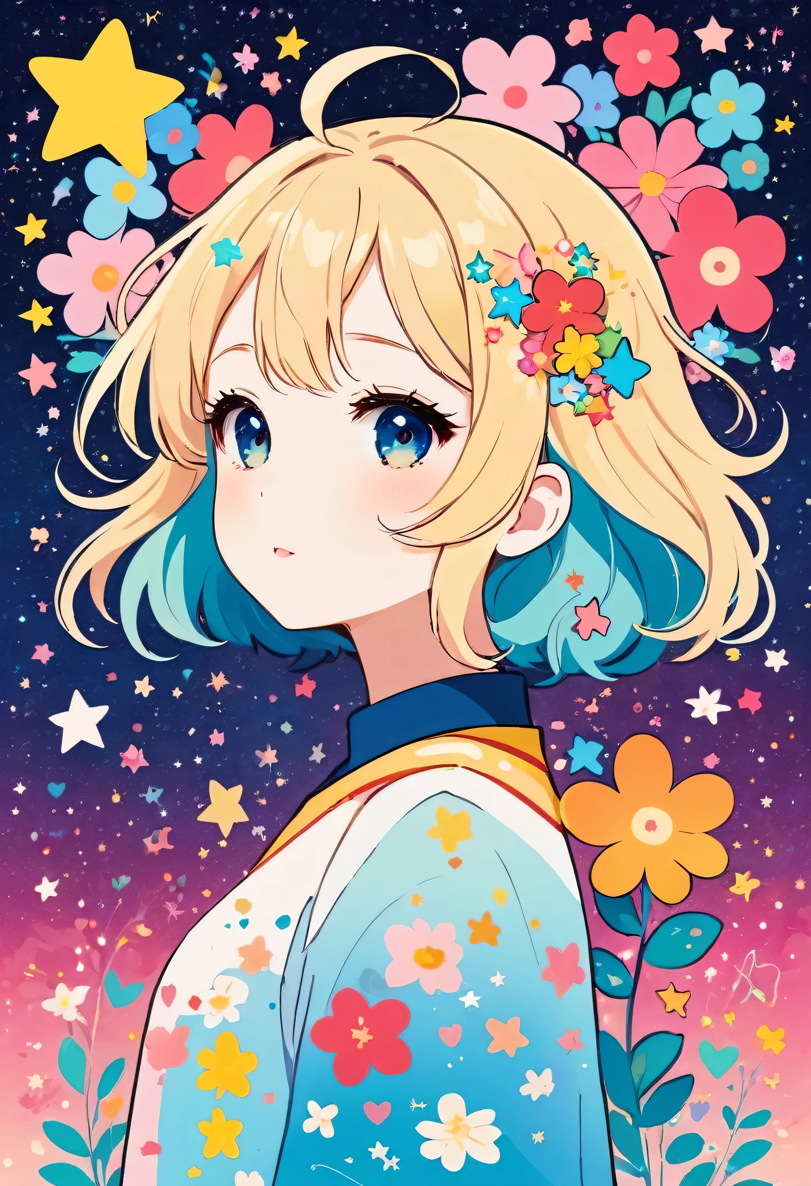 Mika Pikazo style, Simple Line Initialism，Abstract art，Kawaii Design, The most beautiful girl of all time、chibi, The background is star dust, colorful hearts, colorful flowers,