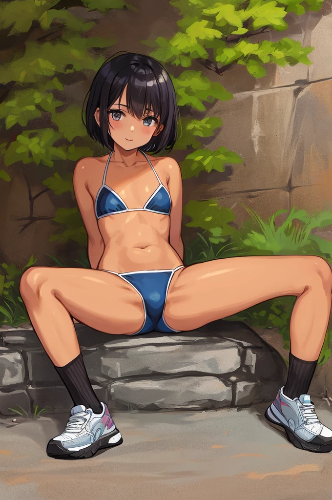 1girl,yo,tanned body,short hair,sitting on ground,,open legs,spread legs,outdoor,bikini,looking viewer,socks,shoes,,