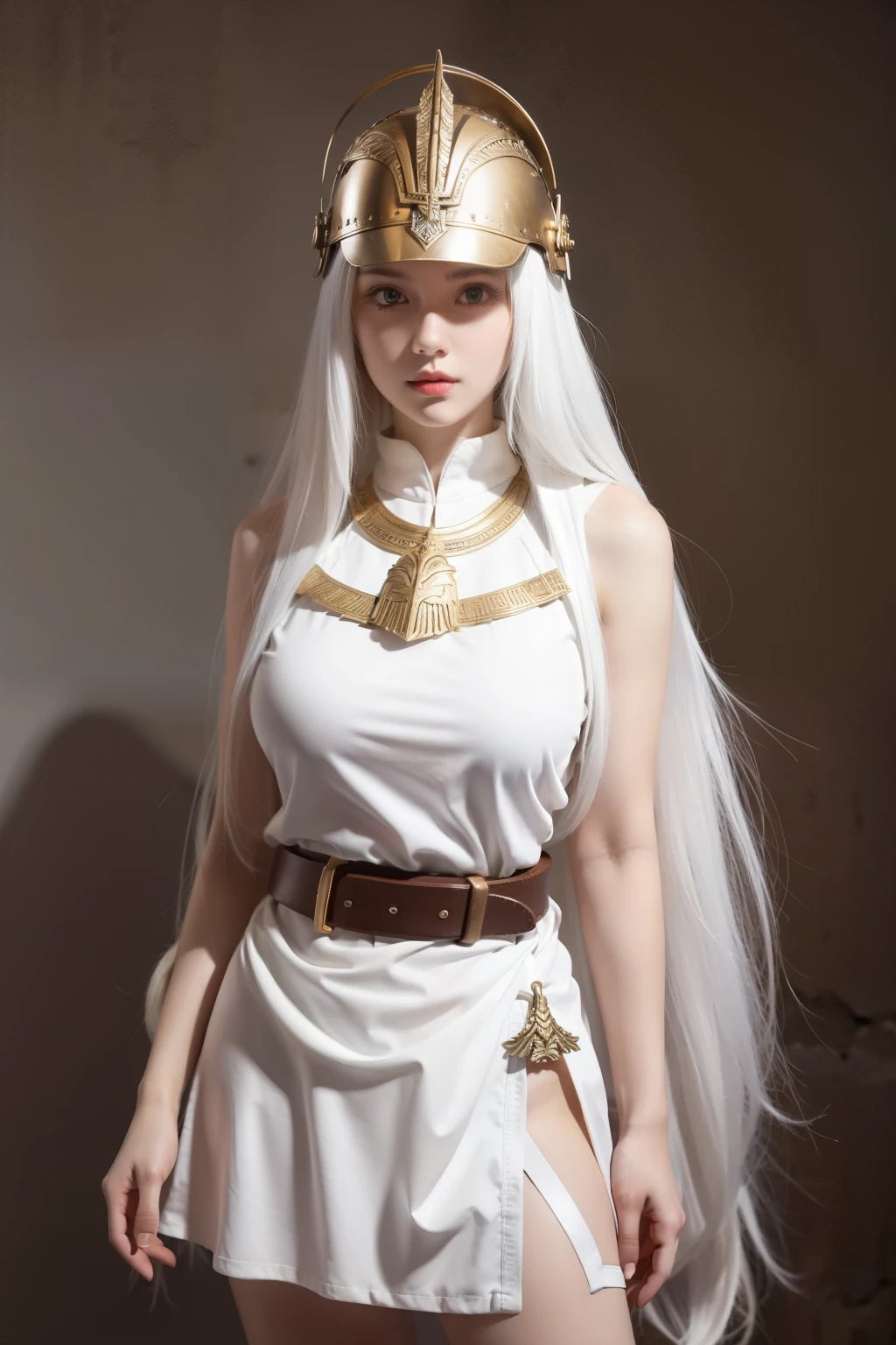 Cute girl, Long white hair, ancient Greek warrior helmet, short white dress underneath, brown belt, wraps on her hands, iron wings, big breasts, short skirt.