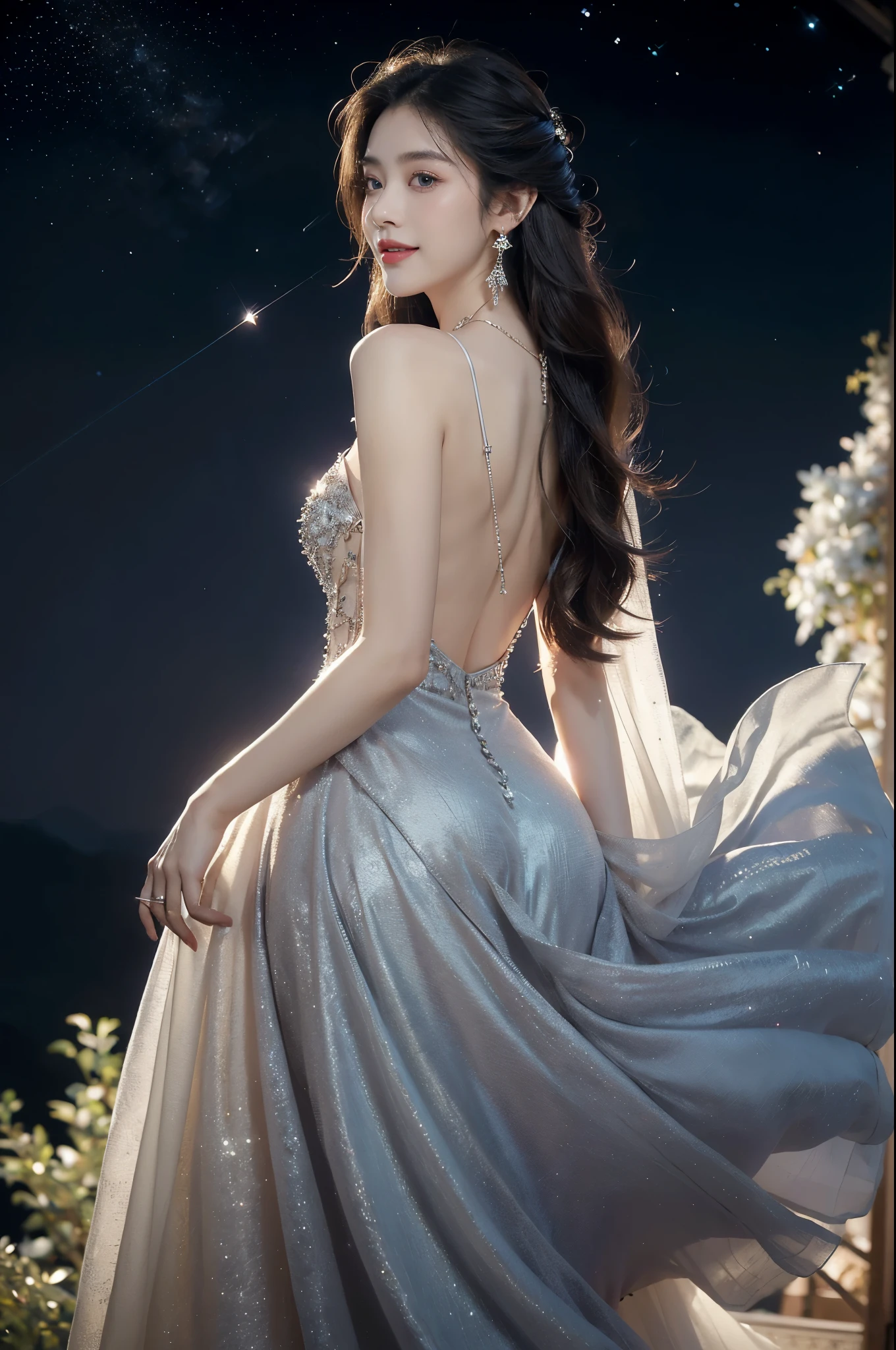 (((best quality))),(((ultra detailed))),(((masterpiece))),illustration,((A beautiful female astrologer,solo)),((slim,thin)),((bare back,towering hips,butt crack)),((shoulder length straight hair)),(laughing:1.2),(earrings,necklace),(sparkled sheer dress:1.3),standing beneath a magical summer night, stars twinkling in the velvety darkness,starry sky, sapphire eyes filled with wonder, flowing ethereal gown mimicking the stars, silver pendant shaped like a horoscope,serene smile and captivating gaze, celestial beauty and mystery, solace and inspiration in the vast expanse of the universe,((from back,upper body))