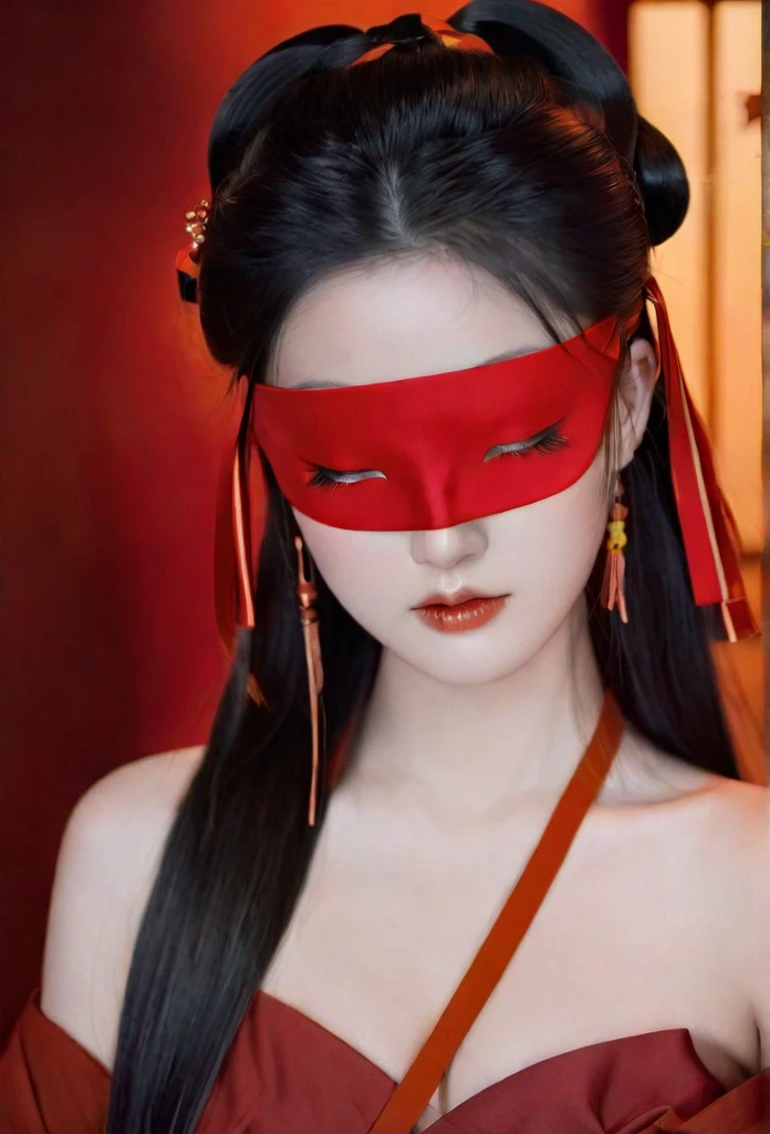 A beautiful woman dressed in red, blindfolded, with long hair draped over her shoulders and a ribbon wrapped around her forehead, is depicted in the style of anime art illustrations in ancient Chinese costumes. She is set in a fantasy world with a dark vibe similar to game concept designs. The artwork features ultra-detailed facial features and a perfect body shape illuminated by natural light. She is dressed in simple colored solids in a flat painting style with ultra-high definition and super-detail resolution.