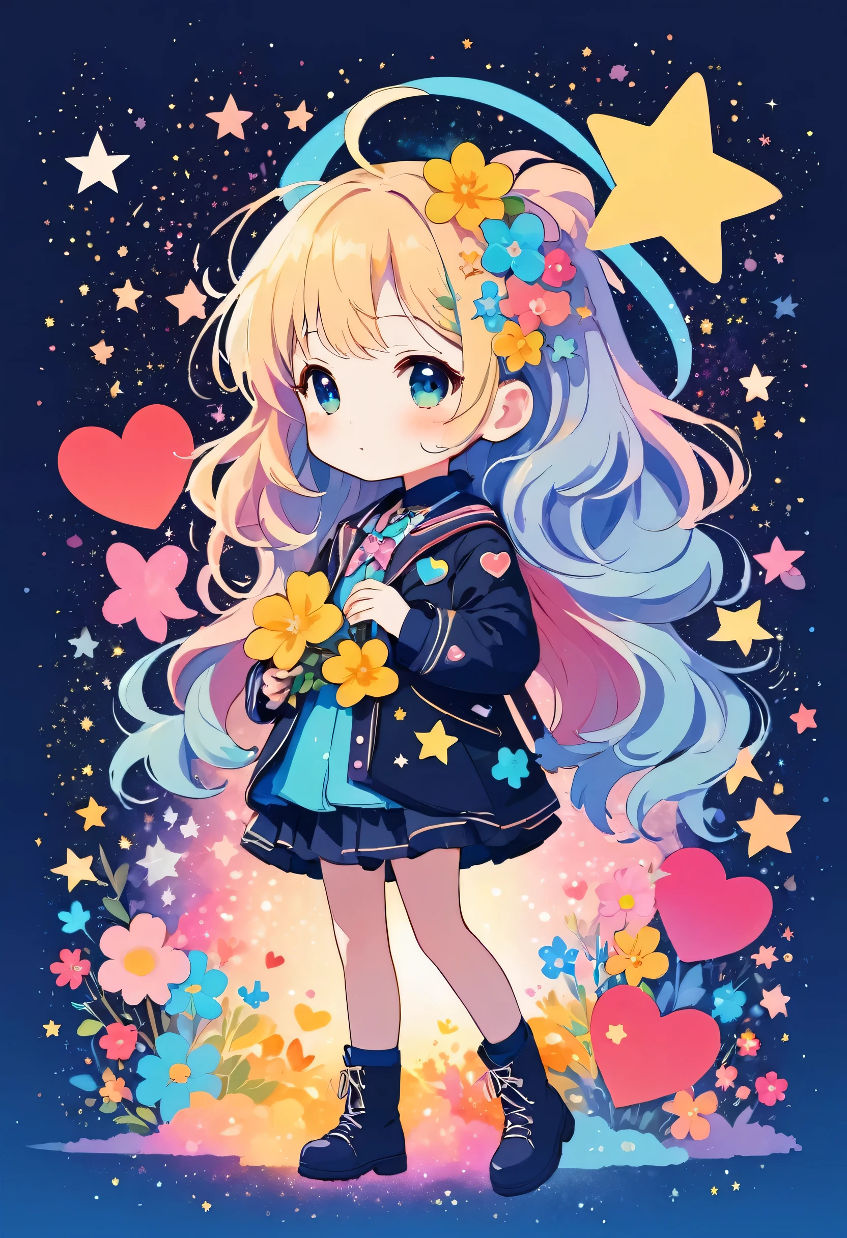 Mika Pikazo style, Simple Line Initialism，Abstract art，Kawaii Design, The most beautiful girl of all time、chibi, The background is star dust, colorful hearts, colorful flowers,