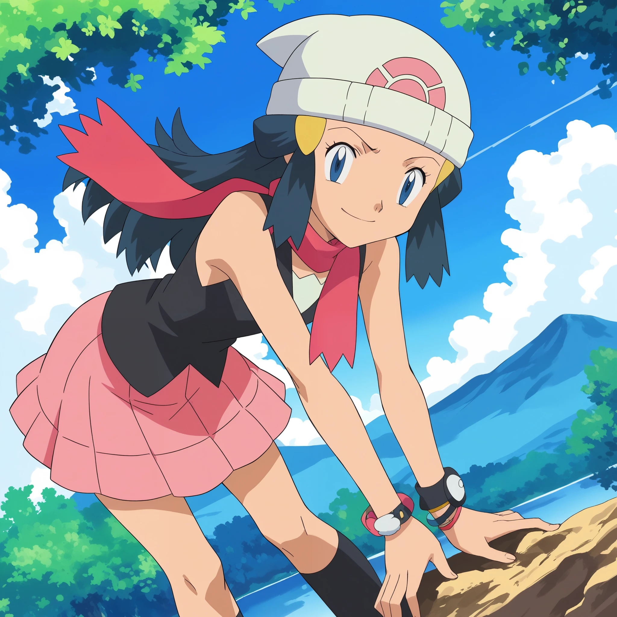 score_9, score_8_up, score_7_up, source_anime, pokemondawn, pokemon dawn, black hair, blue eyes, sidelocks, long hair,, bare shoulders, beanie, black shirt, black socks, bracelet, hat, jewelry, kneehighs, miniskirt, pink skirt, red scarf, scarf, shirt, skirt, sleeveless, sleeveless shirt, white headwear,, landscape, bent over, smile, looking at viewer, solo, cowboy shot, dutch angle