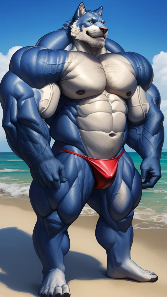 realistic, hyper realistic, detailed muscle,(furry blue  white wolf), good anatomy, masterpiece, art winner, beach, extremely huge muscular, massive muscular, full-body, well-muscled old man. ((extremely muscle size, super thick arms, huge pec, extremely wide pectoral , huge arms)). (red thong:1.1), and add details to make it attractive and interesting. Add textures and details to make the image more realistic, Make sure the resulting image is high resolution, 8K quality."