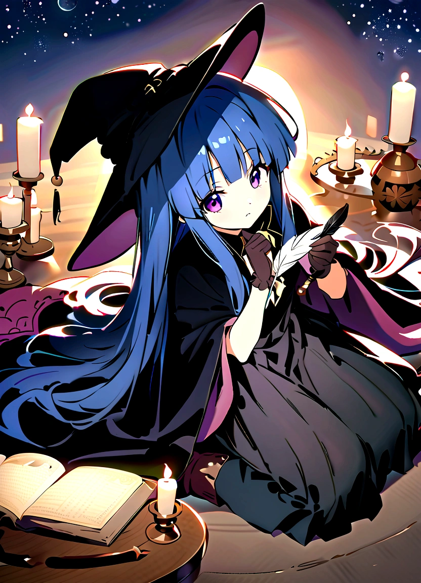 (masterpiece, Highest quality:1.1), (astrologer), 1 Girl, alone, Blue Hair, Purple eyes, Long Hair, blunt bangs, bangs, witch hat, gloves, dress, Black Costume、(Long skirt)、Frills, boots, Cape, witch, (furude rika), Study, star position, Night Sky, Ancient, astronomy book, Astrology Tools, Star, Quill pen, Candles, Soft Light, Warmth