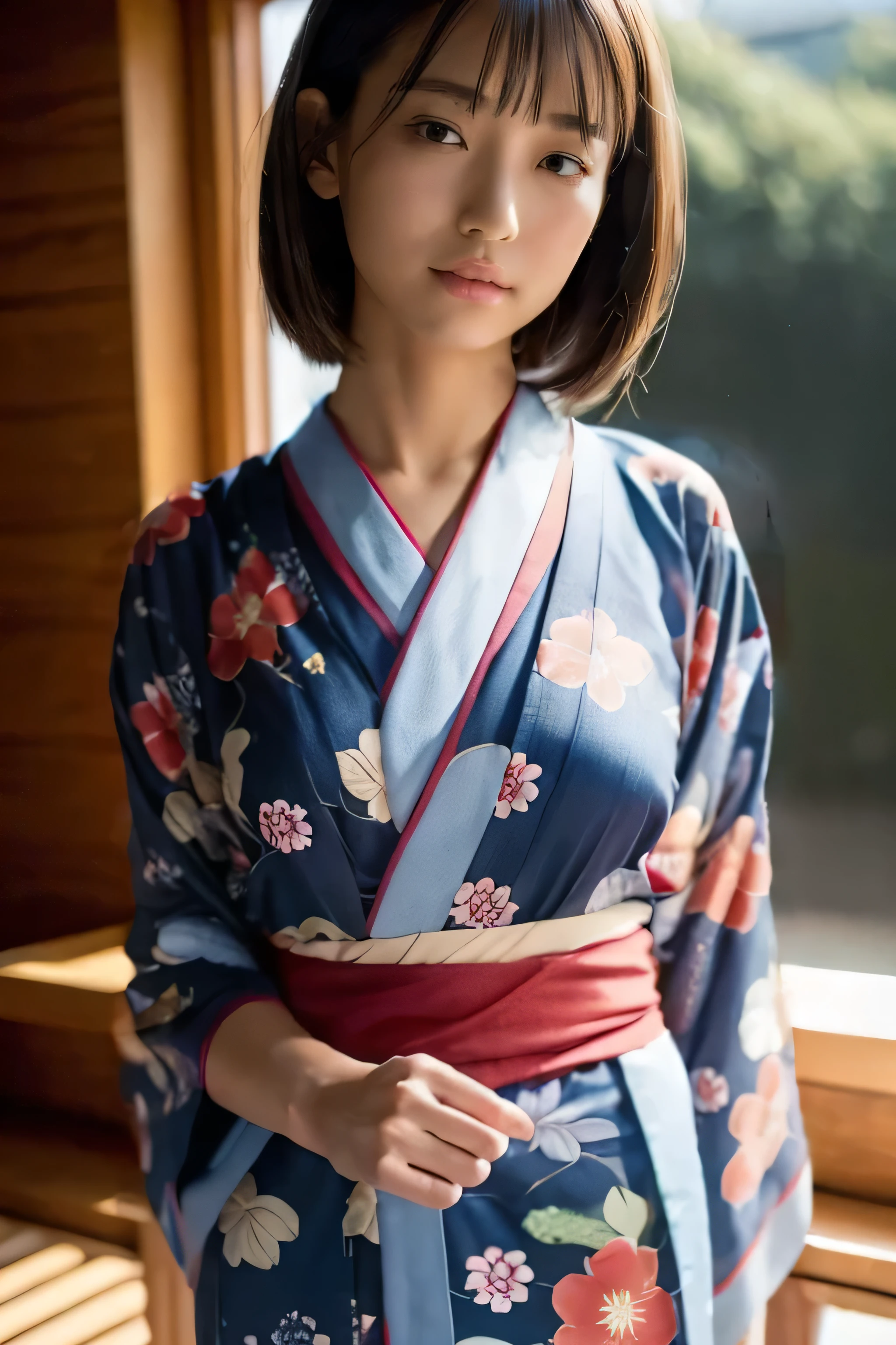Wearing a yukata,