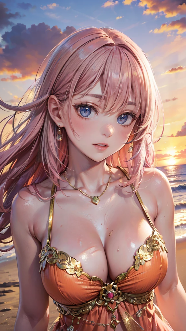 (Masterpiece, BestQuality:1.3), (ultra detailed:1.2), (hyperrealistic:1.3), (RAW photo:1.2), High detail RAW color photo, professional photograph, (Photorealistic:1.4), (realistic:1.4), (Pink Hair:1.5), professional lighting, perfect anatomy, (Big Breasts:1.2), (blush, detailed face), (cheerful Smile:1.5), Trending Hair&Trending Hairカラーをランダムに, earrings, necklace, bracelet, sexly, erotic sexly, Random sexy gravure poses, (A beautiful woman wearing a coral orange dress、Smiling against the backdrop of a sunset、Gold Bracelet、Walking on the beach pose。:1.3)