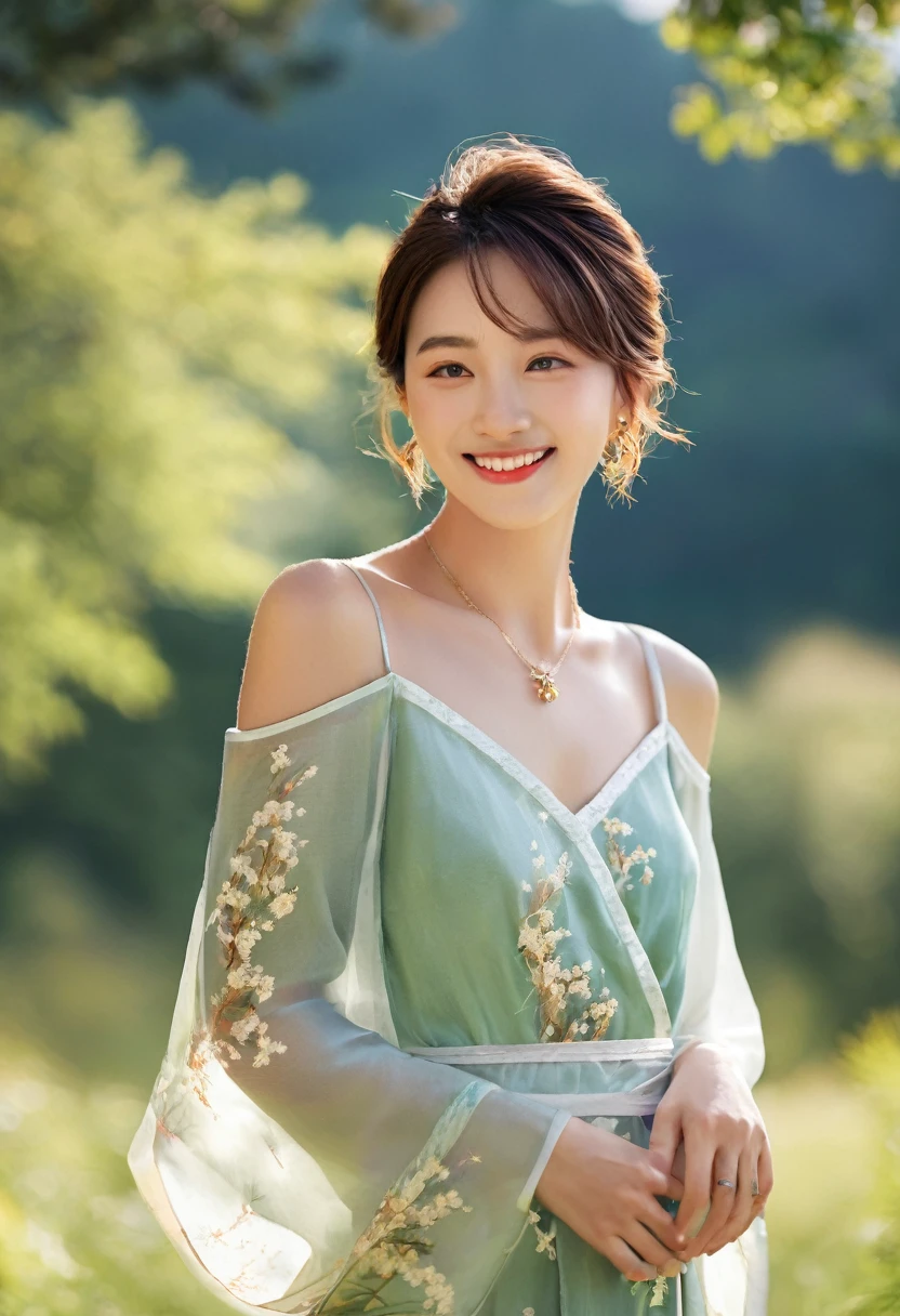 smile, looking at viewer, hair ornament, Japanese clothes, side , detached sleeves, wide sleeves, jewelry, earrings, bare shoulders, 1girl, windy, outdoors, DSLR, bokeh, outdoor, grass, trees, evergreen, sunlight, sunrays, detailed, Ultra-detail, highres, best quality, masterpiece, cinematic lighting,