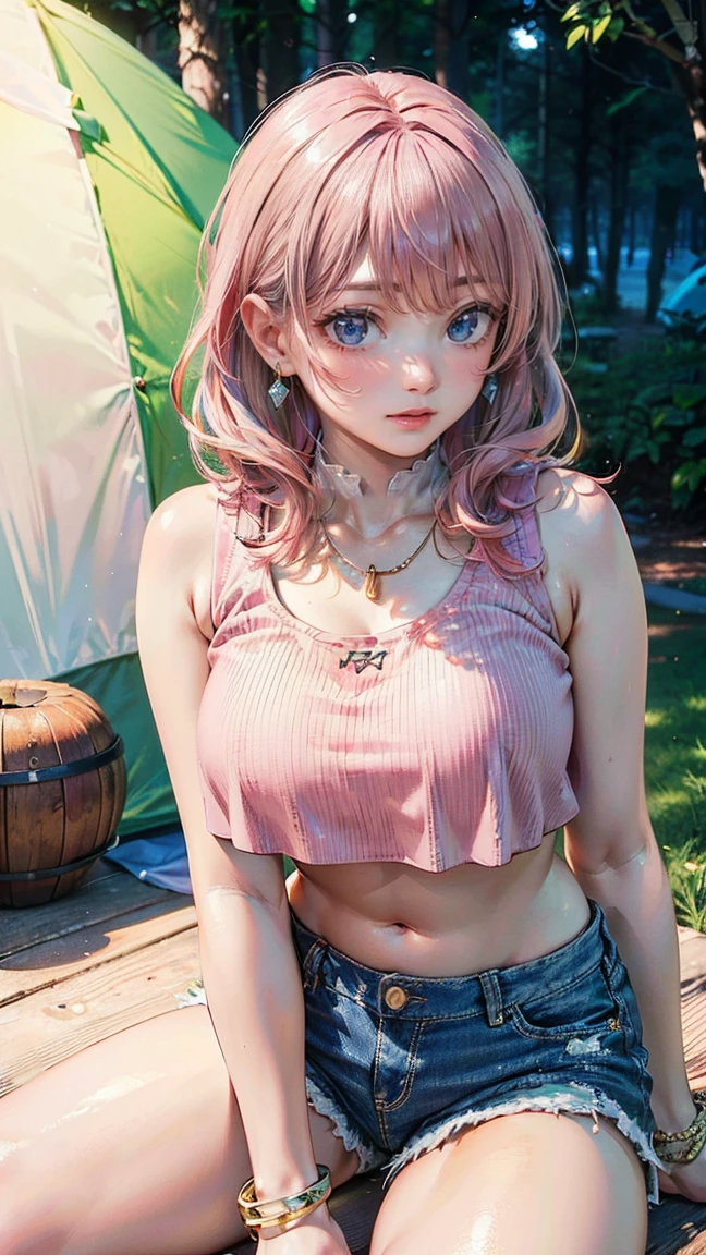 (Masterpiece, BestQuality:1.3), (ultra detailed:1.2), (hyperrealistic:1.3), (RAW photo:1.2), High detail RAW color photo, professional photograph, (Photorealistic:1.4), (realistic:1.4), (Pink Hair:1.5), professional lighting, perfect anatomy, (Big Breasts:1.2), (blush, detailed face), (cheerful Smile:1.5), Trending Hair&Trending Hairカラーをランダムに, earrings, necklace, bracelet, sexly, erotic sexly, Random sexy gravure poses, (Beautiful woman wearing a light green crop top and denim shorts、Happy faces at the campsite、Wooden Bracelet、Sitting pose in front of a tent。:1.3)