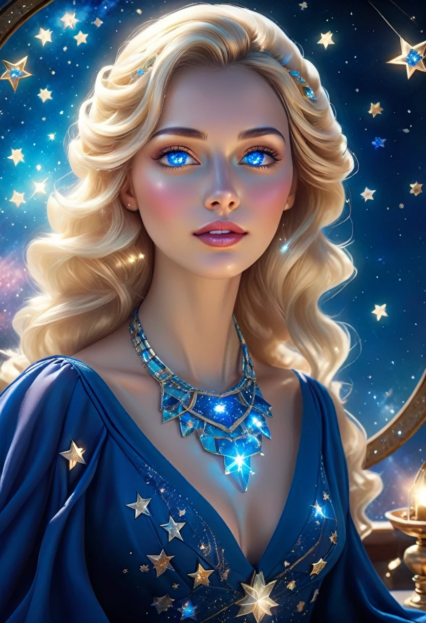 a extreme close up facial picture of an astrologist who divine the future from the stars, an extraordinary beautiful woman, divining the future from the stars, there is magic in her eyes, the ((her eyes are deep blue filled with stars: 1.5)) ladyshadow, blond hair color, dynamic hair style, wearing an intricate dress, necklace made from diamonds in the shape of stars, she sits near a table, seeing the future in the stars, , dynamic clothing, dynamic background, vibrant, Ultra-high resolution, High Contrast, (masterpiece:1.5), highest quality, Best aesthetics), best details, best quality, highres, 16k, [ultra detailed], masterpiece, best quality, (extremely detailed), Shiny..., ladyshadow, diam0nd