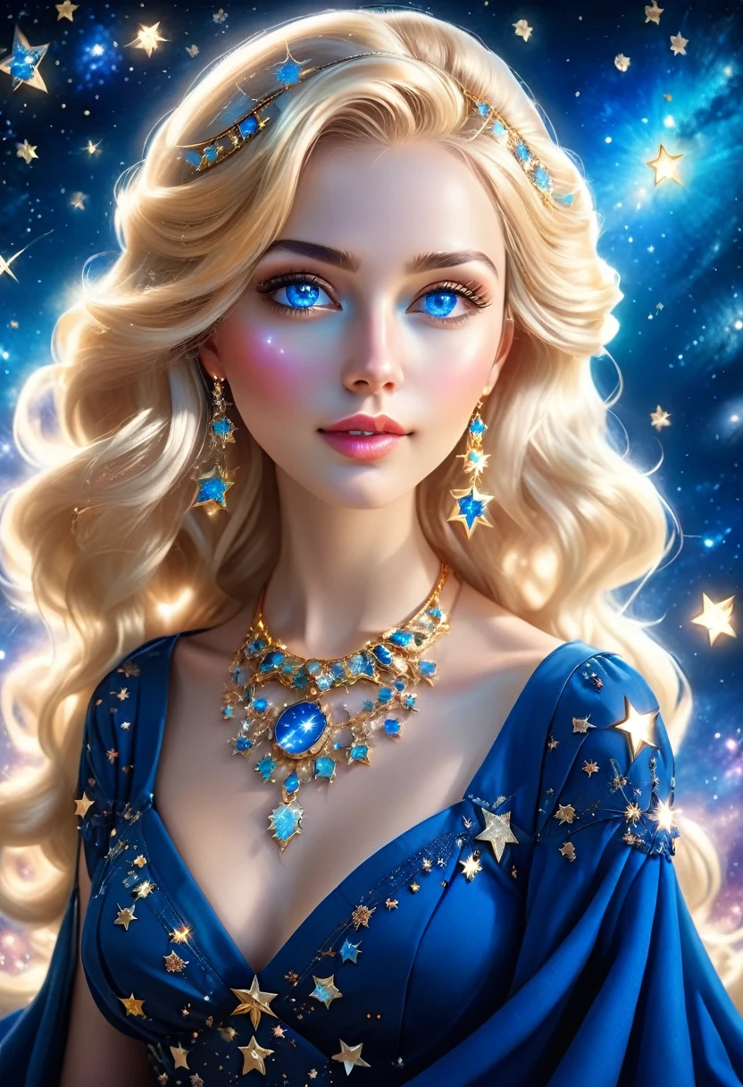 a extreme close up facial picture of an astrologist who divine the future from the stars, an extraordinary beautiful woman, divining the future from the stars, there is magic in her eyes, the ((her eyes are deep blue filled with stars: 1.5)) ladyshadow, blond hair color, dynamic hair style, wearing an intricate dress, necklace made from diamonds in the shape of stars, she sits near a table, seeing the future in the stars, , dynamic clothing, dynamic background, vibrant, Ultra-high resolution, High Contrast, (masterpiece:1.5), highest quality, Best aesthetics), best details, best quality, highres, 16k, [ultra detailed], masterpiece, best quality, (extremely detailed), Shiny..., ladyshadow, diam0nd