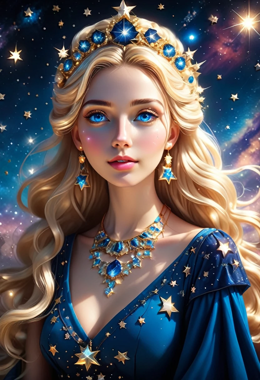 a extreme close up facial picture of an astrologist who divine the future from the stars, an extraordinary beautiful woman, divining the future from the stars, there is magic in her eyes, the ((her eyes are deep blue filled with stars: 1.5)) ladyshadow, blond hair color, dynamic hair style, wearing an intricate dress, necklace made from diamonds in the shape of stars, she sits near a table, seeing the future in the stars, , dynamic clothing, dynamic background, vibrant, Ultra-high resolution, High Contrast, (masterpiece:1.5), highest quality, Best aesthetics), best details, best quality, highres, 16k, [ultra detailed], masterpiece, best quality, (extremely detailed), Shiny..., ladyshadow, diam0nd