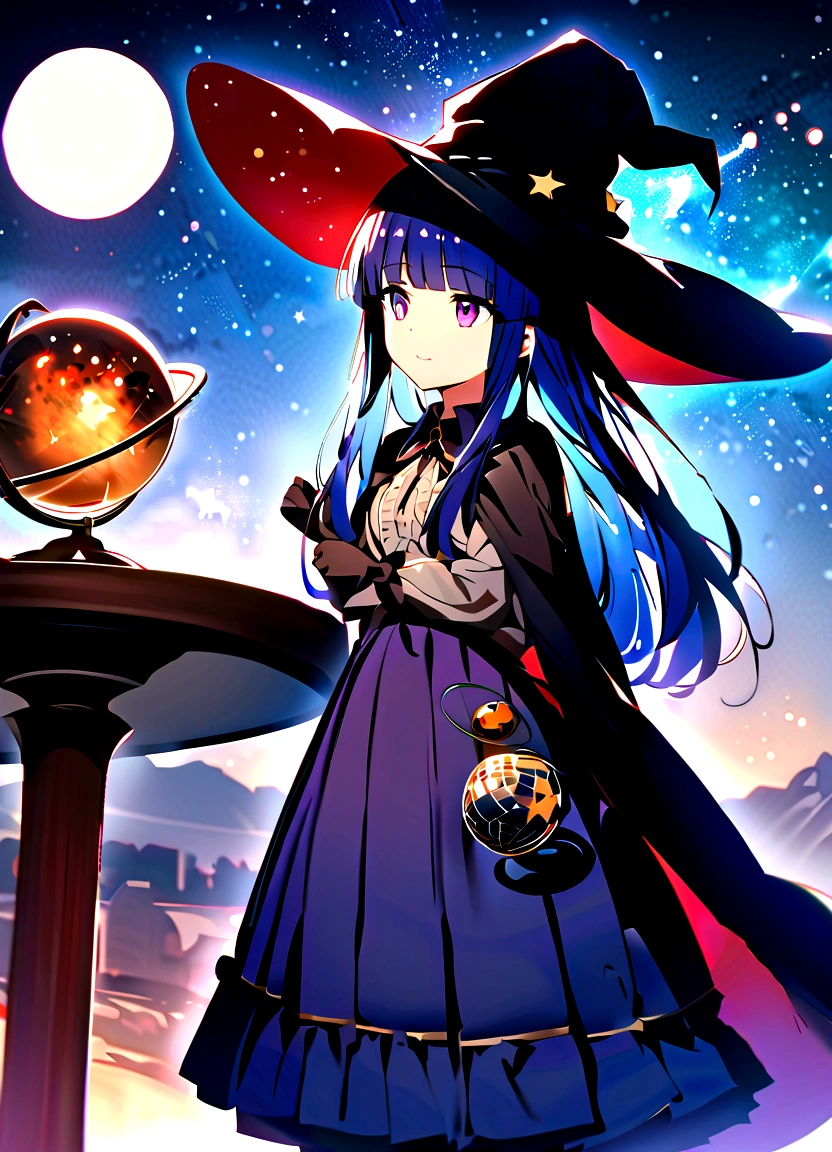 (masterpiece, Highest quality:1.1), (占star術師), 1 Girl, alone, Blue Hair, Purple eyes, Long Hair, blunt bangs, bangs, witch hat, gloves, dress, 黒いCostume、(Long skirt)、Frills, boots, Cape,  witch, (furude rika), Night Sky, star, observatory, Ancient, 満天のstar空, Milky Way, star図, Celestial globe, mysterious, 月Light, Costume, tool, Light, Shine