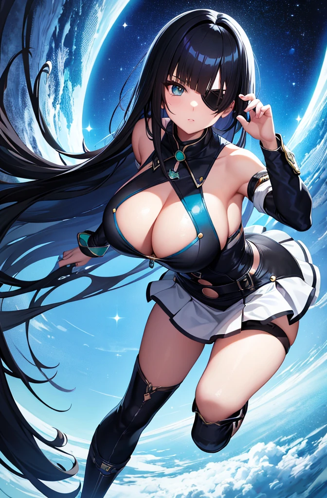 Phantasy Star Portable2 Game Characters Nagisa Adelheid Hauser ((Big Tits)) One beautiful girl ((Beautiful long black hair)) Jade green eyes Highest quality Bangs Princess Cut ((He wears an eyepatch on his right eye)) White formal wear mini skirt He has a giant blue mechanical sword Her skin is as white as possible, and she wears blue knee-high boots Deuman Mysterious atmosphere Space Station Cute Girls Rin々A funny expression Naivety POV
