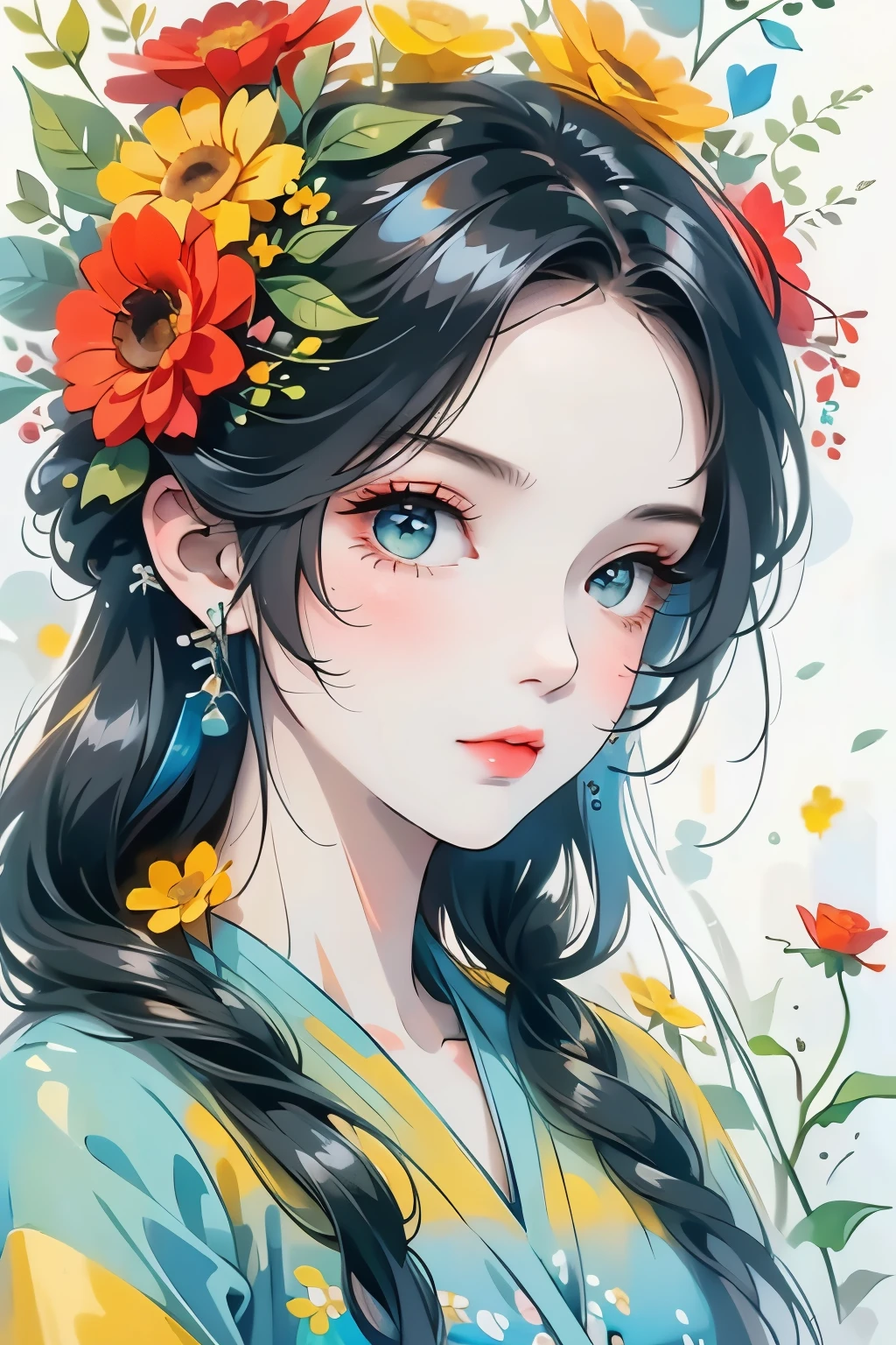 a beautiful young girl with long black hair, colorful abstract art with green, blue, and orange collage elements, green plants and a few flowers, clean background