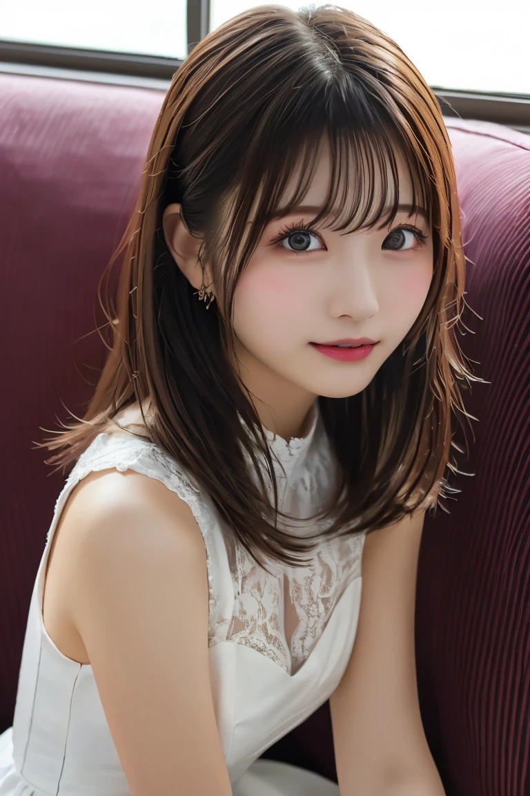 Highest quality, (beautiful)、Cabaret Club、Lace dress、Sit on the sofa、Close-up、Soft 、