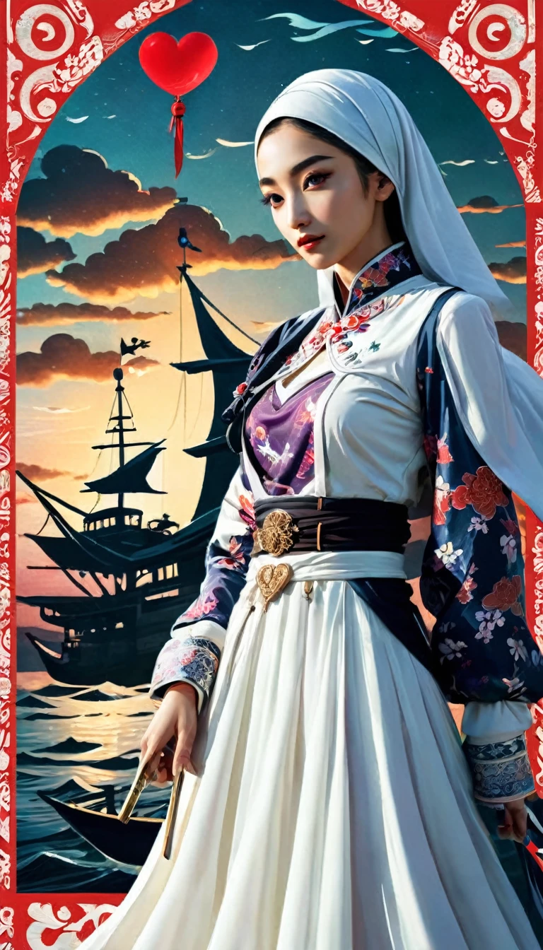 A mesmerizing digital illustration of a hijab-wearing woman in an Lienhua-inspired style. while her long, pirates deck ship in the background. The woman holds a heart shape Sword, embodying nature and femininity. The artwork masterfully fuses elements from various artistic styles and mediums, such as poster with name (Rendi Dimas), fashion, stock illustration, anime, film, portrait photography, graffiti, and ukiyo-e. The dark fantasy theme adds an air of mystique to the overall composition. Drawing inspiration from cinematography, 3D render, painting, typography, and conceptual art, the illustration captures quiet moments of beauty and introspection. The piece is a stunning fusion of photography, poster, 3d render, graffiti, vibrant, cinematic, illustration, conceptual art, portrait photography, anime, dark fantasy, photo, painting, product, fashion, ukiyo-e, typography