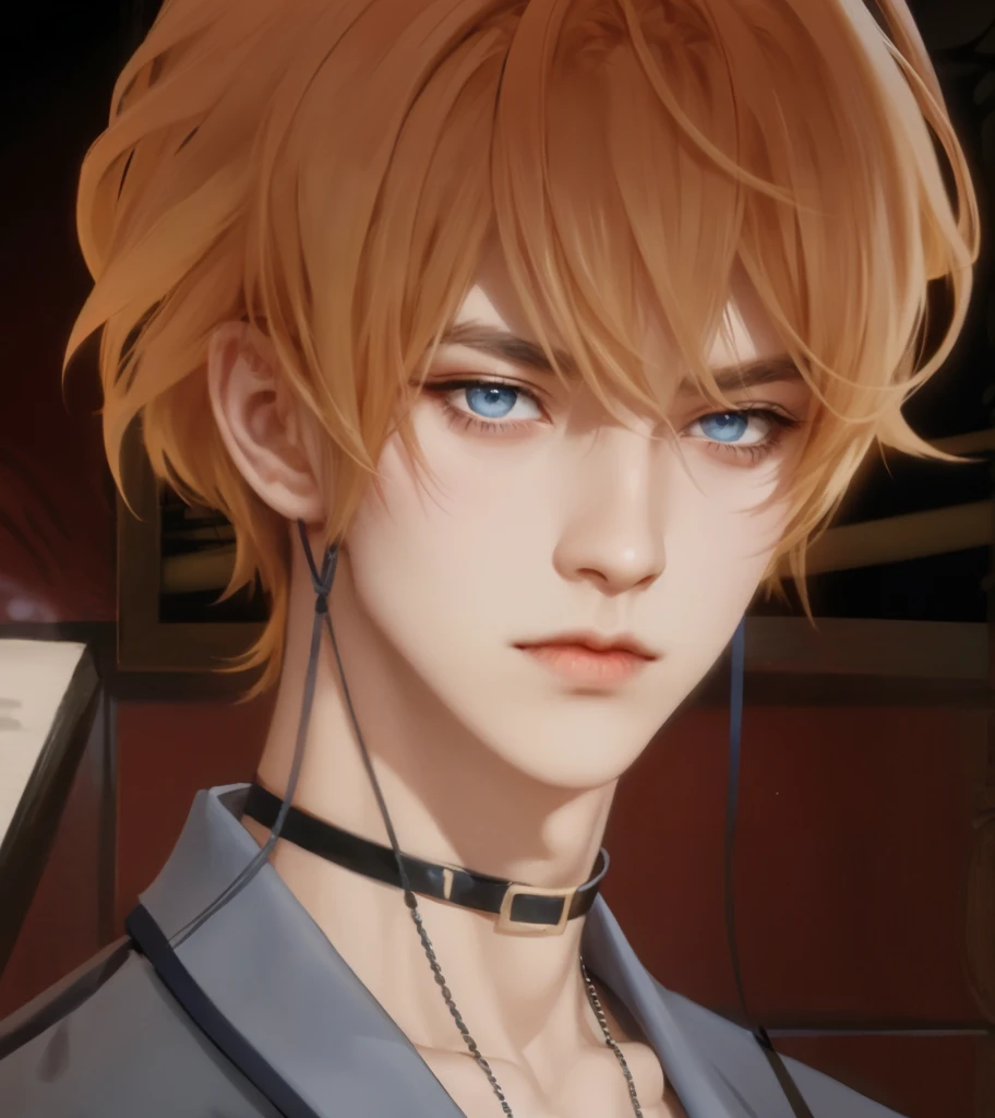 (masterpiece,best quality,ultra_detailed,highres,absurdres),1 mature male, 30-ish, (wide shoulder), (muscular), male focus, solo, yellow hair, chain, shirt, black necktie, necktie, simple background, dark blue eyes, upper body, vest, long hair, looking at viewer, parted lips, collared shirt, round eyewear, long sleeves, black shirt, black vest, monocle, jewelry, lawyer, court background.