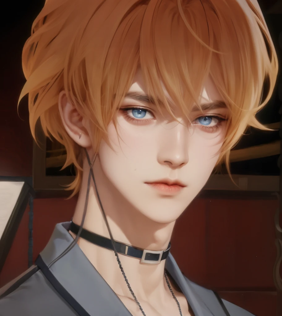 (masterpiece,best quality,ultra_detailed,highres,absurdres),1 mature male, 30-ish, (wide shoulder), (muscular), male focus, solo, yellow hair, chain, shirt, black necktie, necktie, simple background, dark blue eyes, upper body, vest, long hair, looking at viewer, parted lips, collared shirt, round eyewear, long sleeves, black shirt, black vest, monocle, jewelry, lawyer, court background.