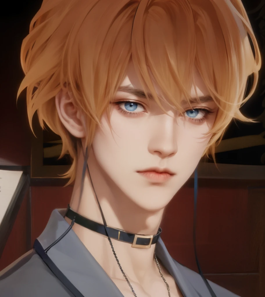 (masterpiece,best quality,ultra_detailed,highres,absurdres),1 mature male, 30-ish, (wide shoulder), (muscular), male focus, solo, yellow hair, chain, shirt, black necktie, necktie, simple background, dark blue eyes, upper body, vest, long hair, looking at viewer, parted lips, collared shirt, round eyewear, long sleeves, black shirt, black vest, monocle, jewelry, lawyer, court background.