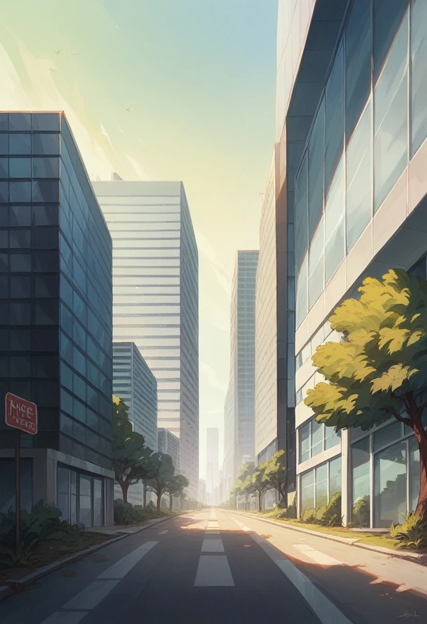 trees in front of a office building with a sign that says Laur Trade Center, glass office building, building in the distance, shot from a distance, view from the distance, Laur Trade Center sign