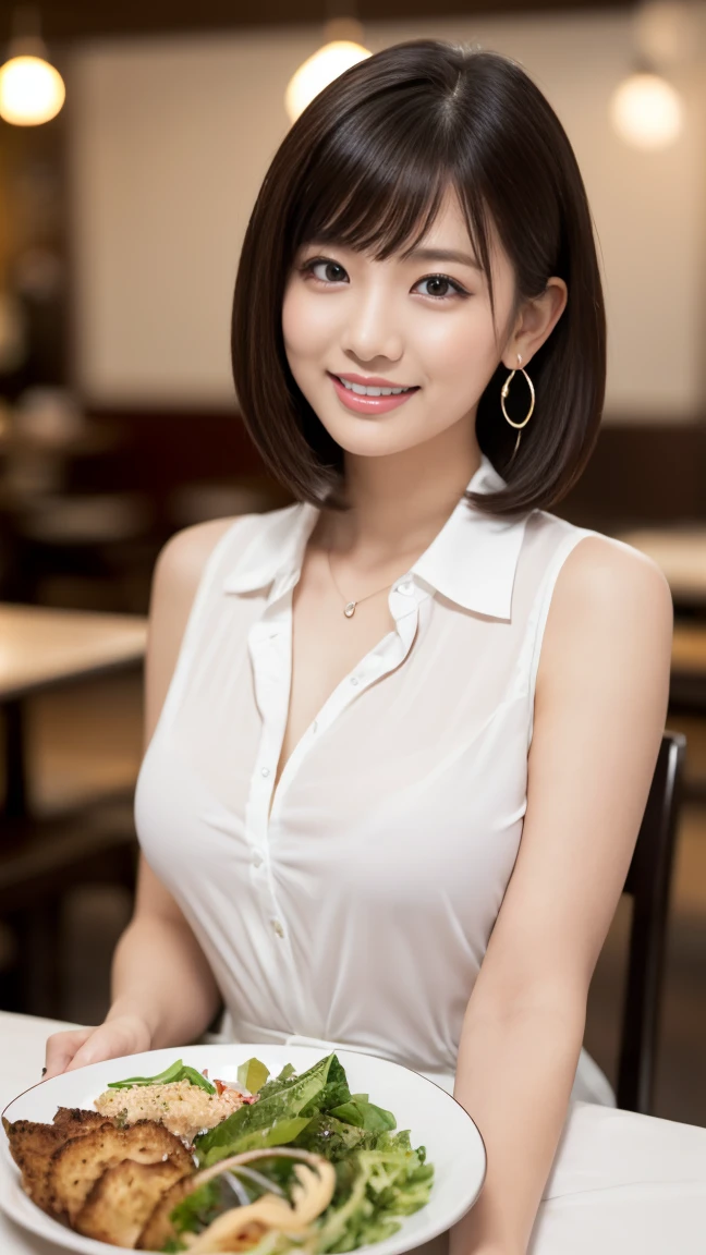 (masterpiece)、(Highest quality:1.5)、(Photorealistic:1.2)、(Surreal), (High resolution), (Realistic), (Post-processing),(Sharp focus), Sharp focus:1.2,Backlight, (Improvement of quality:1.4), (Narrow waist)、Big Ass、((Perfectly detailed five-fingered hands)),(Anatomically correct body)、((1 female:1.4))、Japanese、Realistic Skin、(Small chest:1.4)、Bust size is A cup、Pretty woman with perfect figure:1.4,(from the front:1.5), (Enhances the beauty of skin texture:1.1),No makeup、美しいBlack Hair、The best smile、Natural color lip、(Small Mouth:1.4)、The mouth is not open、Thick lips、(Oval Face)、Even bangs、Hide eyebrows with bangs、((33-year-old woman))、Bob Hair、Hair blowing in the wind, (Black Hair, Iris, Watery eyes, Shining Eyes, Bob Cut Hair, Small earrings,), Hair behind the ear、No makeup、(Drooping eyes)、(((One lovely woman)),((A big friendly smile)),(( Small breasts,Small breastsの谷間)),((((Plump Cheeks)))),((whole body:1.5)),very cute,(Baby Face),高級restaurantで、full-course dinner、Wine Party、Bright image、The beauty of wine, Beautiful Face, red wine 、Appetizers、Italian food、Wine bottle、Champagne、sparkling wine、(slimな顔), (The body is slim),restaurant, White wine, slim, wine glass, 中央に置かれたwine glass, Beautiful fine grain, Depth f/2,saturation, High Contrast, Strong light and shadow,Moist Body:1.5、3D texture、Delicate eyes、((In front of the food on the table:1.5))、White collar shirt and tie、erious expression