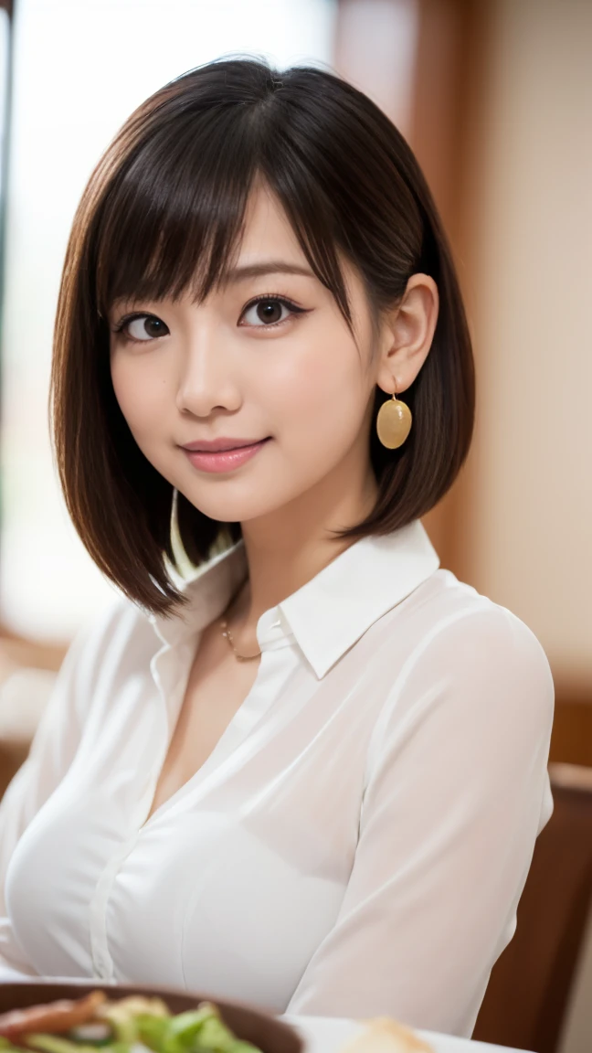 （masterpiece）、(Highest quality:1.5)、(Photorealistic:1.2)、(Surreal), (High resolution), (Realistic), (Post-processing),(Sharp focus), Sharp focus:1.2,Backlight, (Improvement of quality:1.4), (Narrow waist)、Big Ass、((Perfectly detailed five-fingered hands)),（Anatomically correct body）、((1 female:1.4))、Japanese、Realistic Skin、（Small chest：1.4）、Bust size is A cup、Pretty woman with perfect figure:1.4,(from the front:1.5), (Enhances the beauty of skin texture:1.1),No makeup、美しいBlack Hair、The best smile、Natural color lip、(Small Mouth:1.4)、The mouth is not open、Thick lips、(Oval Face)、Even bangs、Hide eyebrows with bangs、((33-year-old woman))、Bob Hair、Hair blowing in the wind, (Black Hair, Iris, Watery eyes, Shining Eyes, Bob Cut Hair, Small earrings,), Hair behind the ear、No makeup、(Drooping eyes)、(((One lovely woman)),((A big friendly smile)),(( Small breasts,Small breastsの谷間)),((((Plump Cheeks)))),((whole body：1.５)),very cute,(Baby Face),高級restaurantで、full-course dinner、Wine Party、Bright image、The beauty of wine, Beautiful Face, red wine 、Appetizers、Italian food、Wine bottle、Champagne、sparkling wine、(slimな顔), (The body is slim),restaurant, White wine, slim, wine gl, 中央に置かれたwine gl, Beautiful fine grain, Depth f/2,saturation, High Contrast, Strong light and shadow,Moist Body:1.5、3D texture、Delicate eyes、((In front of the food on the table：1.5)）、White collar shirt and tie、erious expression

