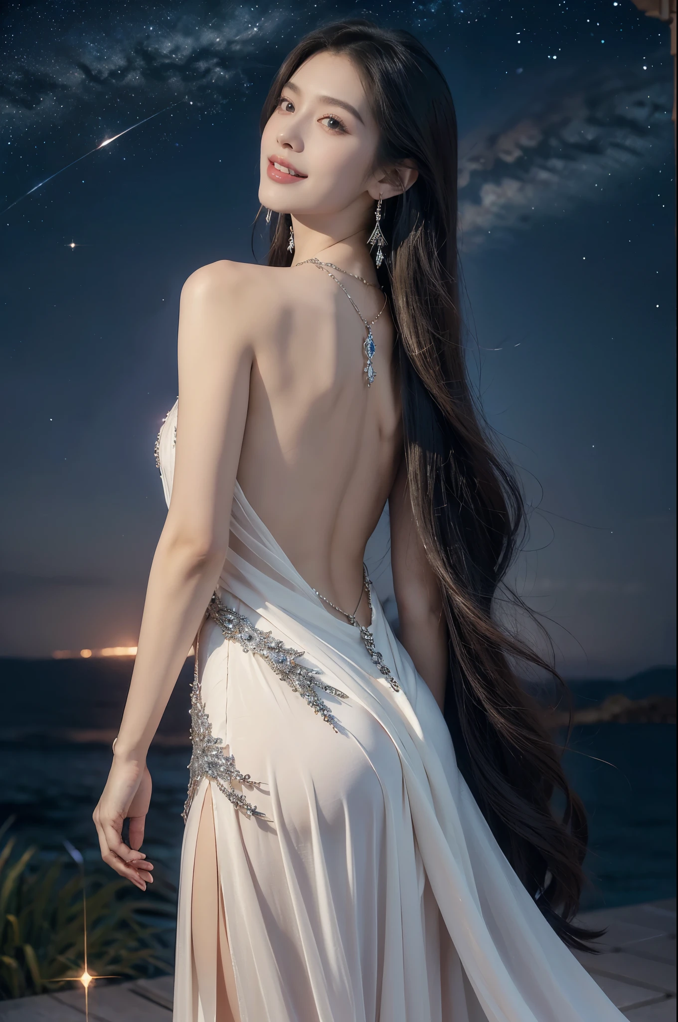 (((best quality))),(((ultra detailed))),(((masterpiece))),illustration,((A beautiful female astrologer,solo)),((slim,thin)),((bare back,towering hips,butt crack)),((shoulder length straight hair)),(laughing:1.2),(earrings,necklace),(sparkled sheer dress:1.3),standing beneath a magical summer night, stars twinkling in the velvety darkness,starry sky, sapphire eyes filled with wonder, flowing ethereal gown mimicking the stars, silver pendant shaped like a horoscope,serene smile and captivating gaze, celestial beauty and mystery, solace and inspiration in the vast expanse of the universe,((from back,upper body))