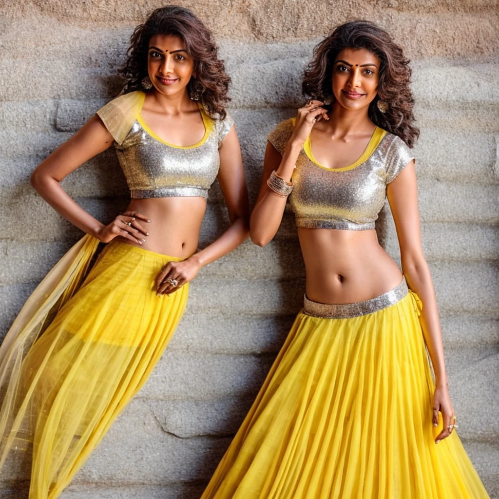 an indian woman in a yellow lehenga, belly button showing, white and silver, cute young woman, shiny soft skin, silver skin, removed watermarks, wearing a cropped top, beautiful round face, anorexic figure, inspired by Nene Thomas, greenish skin huge breasts cleavage