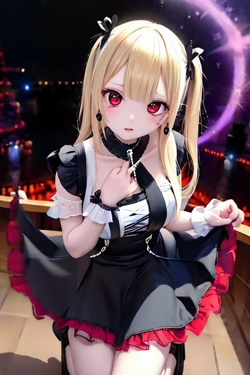 highest quality、Masterpiece、wear a sexy、Red eyes、Wearing a black aura、Staring blankly at the audience、Best Images、Tabletop、Cross Earrings、Beautiful woman、Sexy Dress、