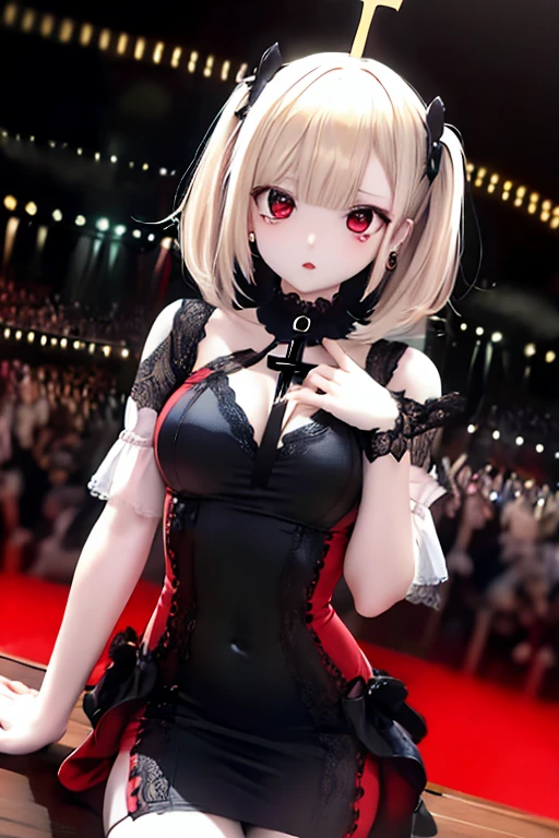 highest quality、Masterpiece、wear a sexy、Red eyes、Wearing a black aura、Staring blankly at the audience、Best Images、Tabletop、Cross Earrings、Beautiful woman、Sexy Dress、