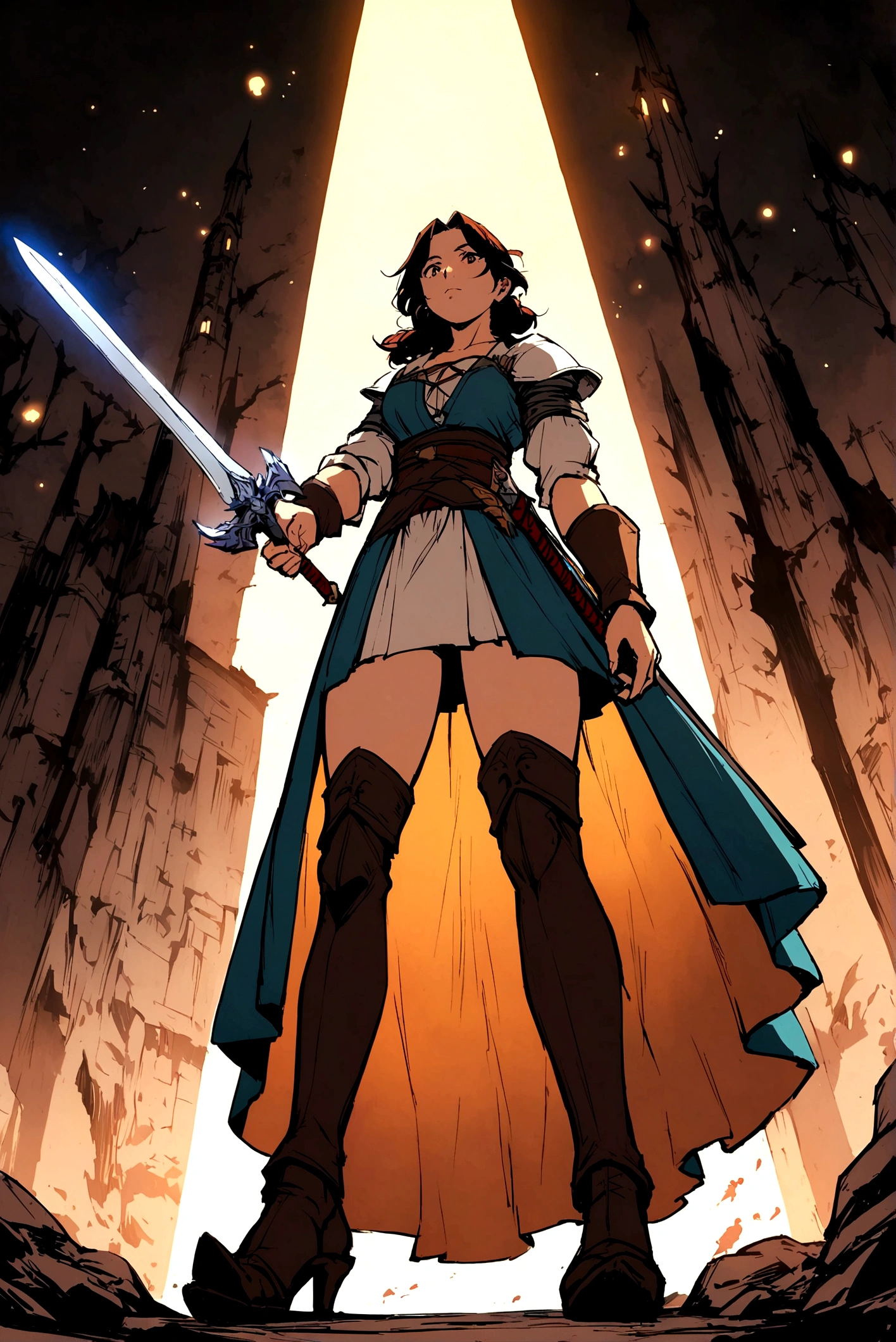 Japanese anime style. Miss. middle Ages. Europe. fantasy. skirt. sword. Standing. whole body. From below.