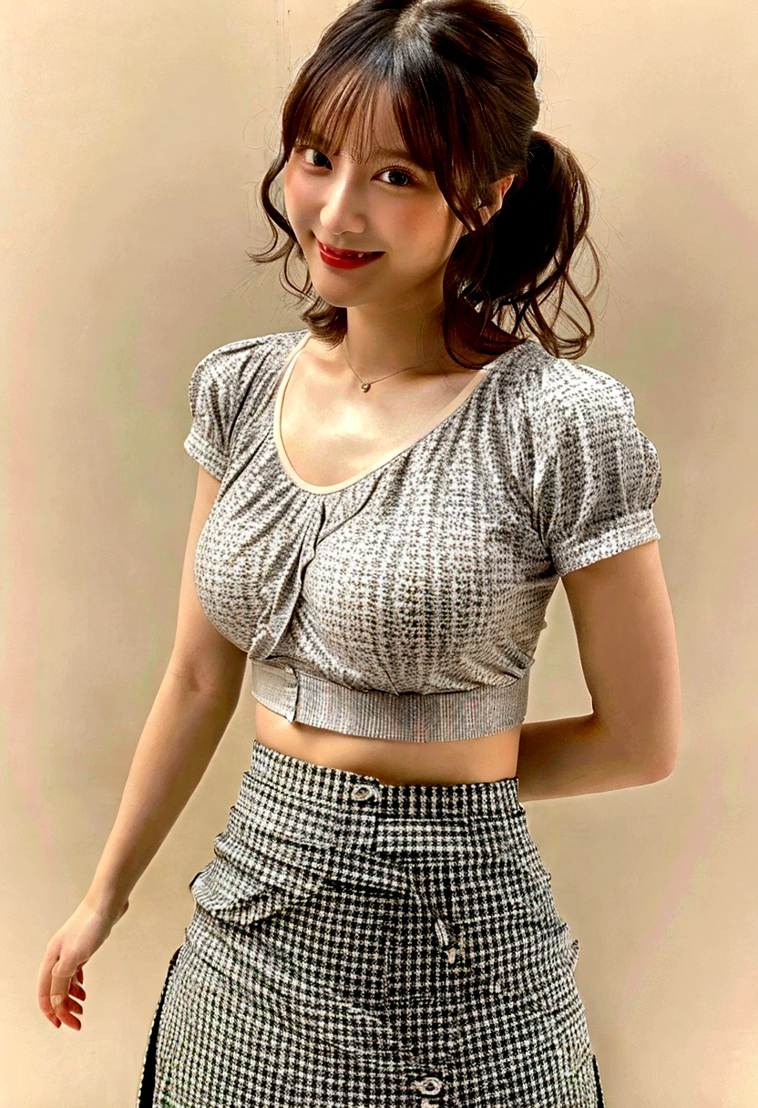 (((32k image quality))), (((RAW Photos))), (Highest quality, detailed:1.2), Photorealistic, (非常に繊細でdetailed), (((((Ultra-high resolution))))), (((Big Breasts))), (((Age 25, Sexy Gal, Taiwanese woman))), (((Tight waist))), One person, Elegant, Beautiful woman, Outstanding image quality, 非常にdetailedな顔, Perfect lighting, White skin, Curly Hair, A relaxed and fluffy atmosphere, 、(Breast Swelling 1.2), ((smile)), ponytail, Young and skinny gravure idol, ((Patterned shirt)), ((A-line skirt)), ((Model pose)), ((Scene of the shooting studio)), ((Photograph the whole body)),