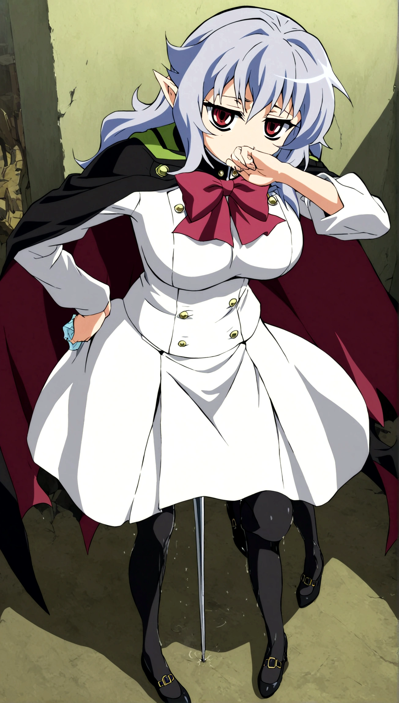 Anime. Owari no Seraph. 1 Girl. Dear . A vampire. Progenitor Clumsy. Silver hair. Wavy hair. Long hair. Red eyes. Beautiful eyes. Perfect eyes. Expressive eyes. Ideal face. Perfect body. Beautiful long ones. legs. Beautiful nose. 18 years. Big breasts. Standing. Full length Beautiful character design. Shiny skin. Cold. Runny nose. Nasal mucus. Snot. Wants to sneeze. She needs to sneeze. Strong, desperate desire to sneeze. She sneezes. She sneezes, covering her nose with her hands. Handkerchief. Blows his nose. Snot flows from the nose. Pointy ears. White dress. Vampire uniform dress from
Owari no Seraph. Black stockings. Heeled shoes. Rapier in right hand. Left hand with a handkerchief near the face. Ruins of Tokyo. Full body. NSF. Official art. Extremely detailed CG Unity 8k wallpaper. Ideal lighting. Ultra high resolution 4K. Super detailed 8K. A high resolution.