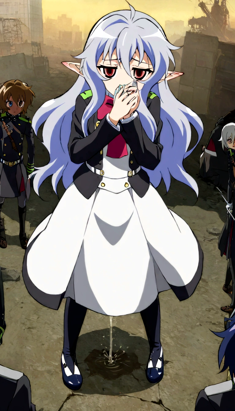 Anime. Owari no Seraph. 1 Girl. Dear . A vampire. Progenitor Clumsy. Silver hair. Wavy hair. Long hair. Red eyes. Beautiful eyes. Perfect eyes. Expressive eyes. Ideal face. Perfect body. Beautiful long ones. legs. Beautiful nose. 18 years. Big breasts. Standing. Full length Beautiful character design. Shiny skin. Cold. Runny nose. Nasal mucus. Snot. Wants to sneeze. She needs to sneeze. Strong, desperate desire to sneeze. She sneezes. She sneezes, covering her nose with her hands. Handkerchief. Blows his nose. Snot flows from the nose. Pointy ears. White dress. Vampire uniform dress from
Owari no Seraph. Black stockings. Heeled shoes. Rapier in right hand. Left hand with a handkerchief near the face. Ruins of Tokyo. Full body. NSF. Official art. Extremely detailed CG Unity 8k wallpaper. Ideal lighting. Ultra high resolution 4K. Super detailed 8K. A high resolution.