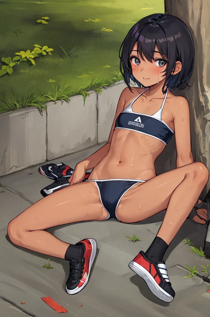 1girl,17yo,tanned body,short hair,sitting on ground,,open legs,spread legs,outdoor,bikini,looking viewer,socks,shoes,,sweating