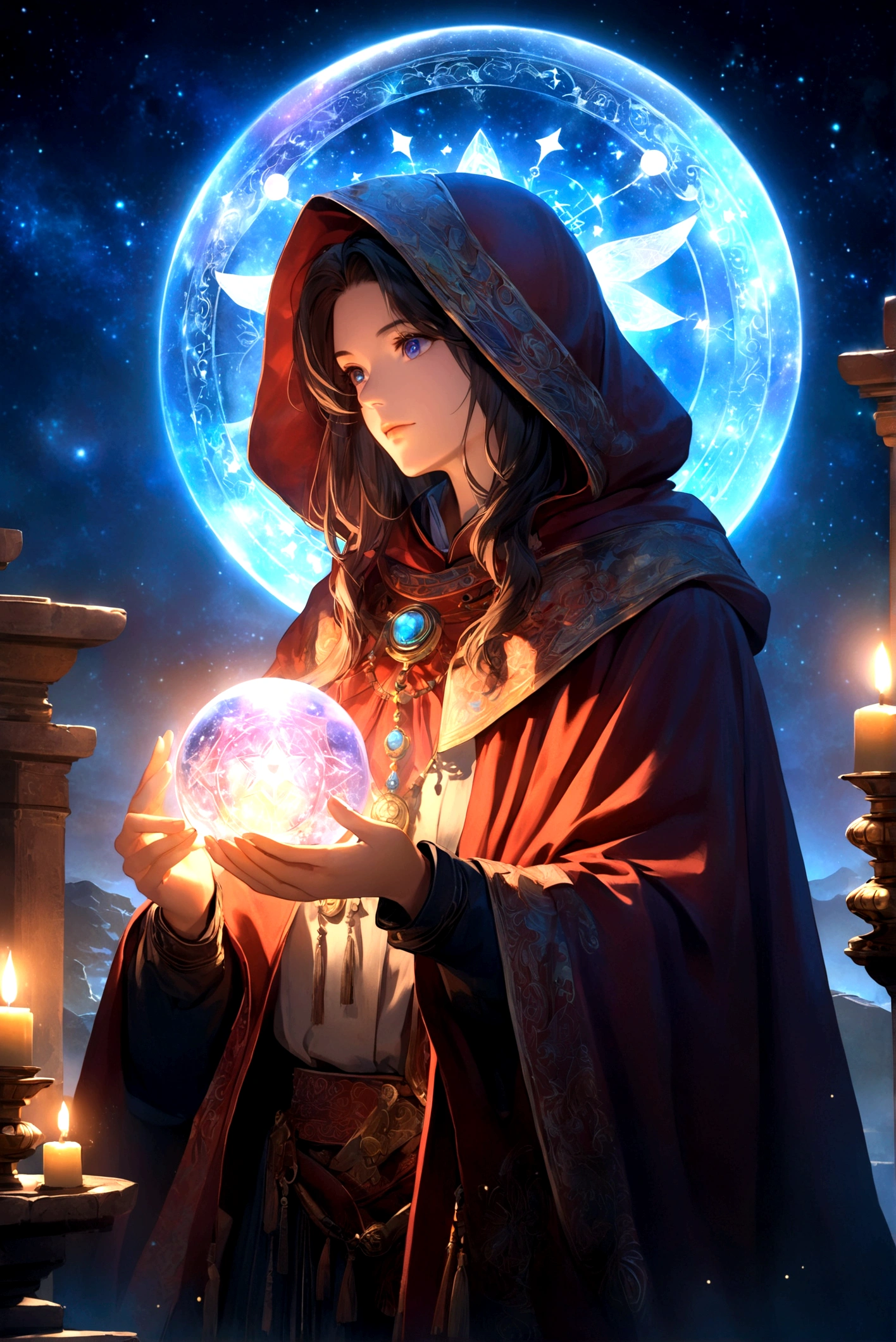 Astrologer, mystery, ancient, Starry sky background, Hold a crystal ball, Staring into the distance, The cloak flutters, night, Candlelight, ancient书籍, Star motif, Magic Runes, mystery氛围, Detailed description, High quality details, Artistic effects