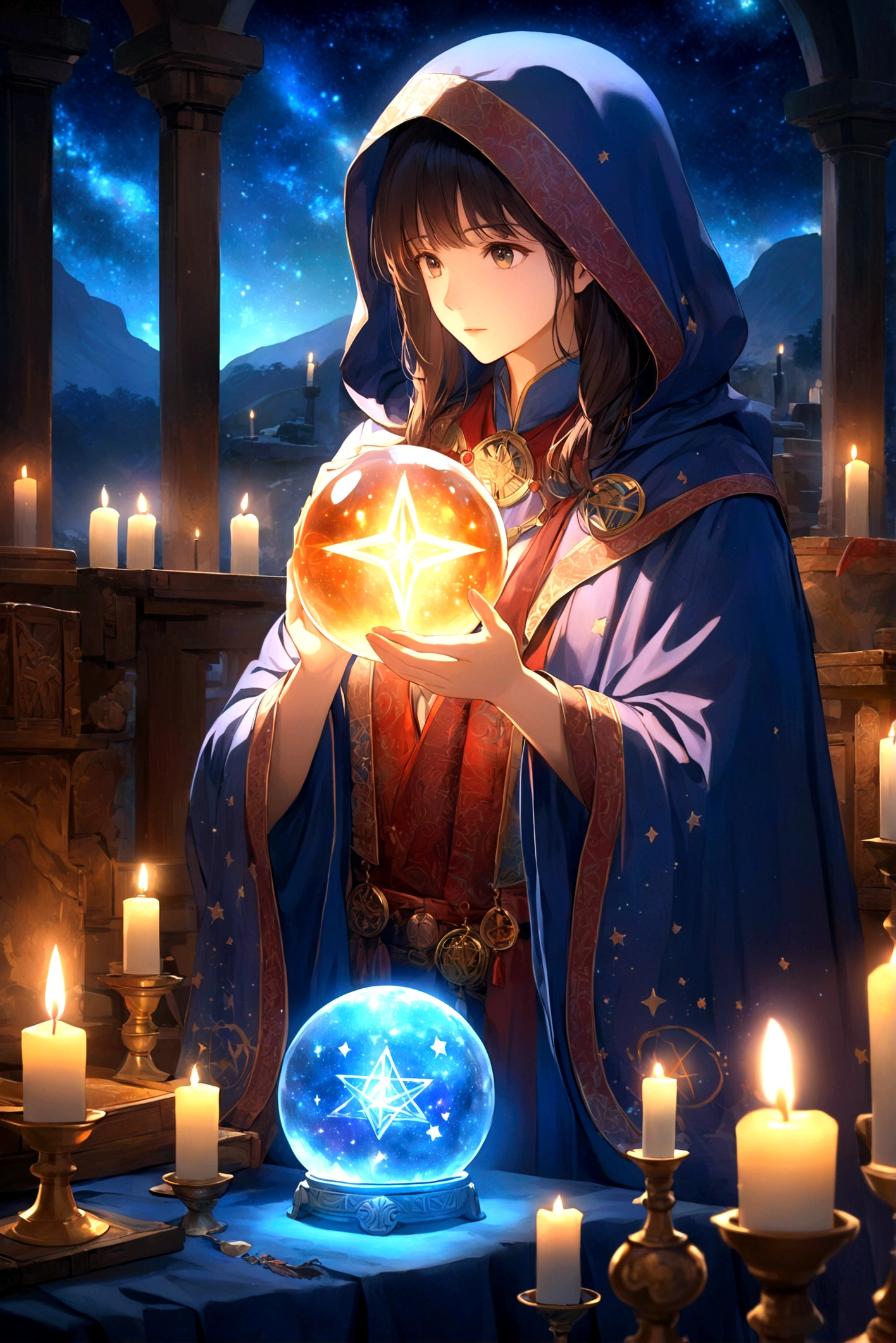 Astrologer, mystery, ancient, Starry sky background, Hold a crystal ball, Staring into the distance, The cloak flutters, night, Candlelight, ancient书籍, Star motif, Magic Runes, mystery氛围, Detailed description, High quality details, Artistic effects