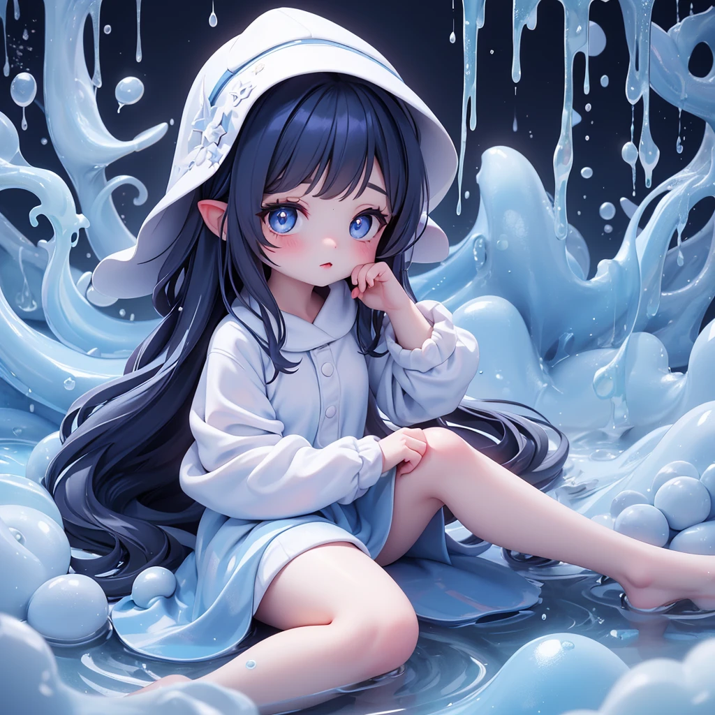 Cute girl , sitting, picture only dark blue and white, vulva reveal, colorless skin color, white skin color, girl, dark blue, long straight hair, dark blue hair, hot, vulva reveal, full character, hot, cute eyes, big eyes, big black pupils, cute big pupils, vulva reveal, blue liquid came out vulva dripping, dark blue vulva, hot dripping liquid comes out of her, vulva, hot, dark blue hair, non clothed vulva