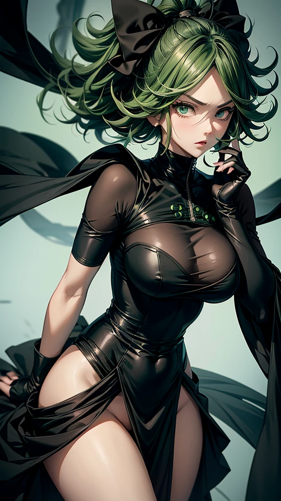 Masterpiece, Best Quality, anime girl with green curly hair wearing black outfit, fingerless gloves, pelvic curtain, tatsumaki from one punch man, tatsumaki, detailed face, detailed eyes, detailed body, Vomiting, Vomit, Puking