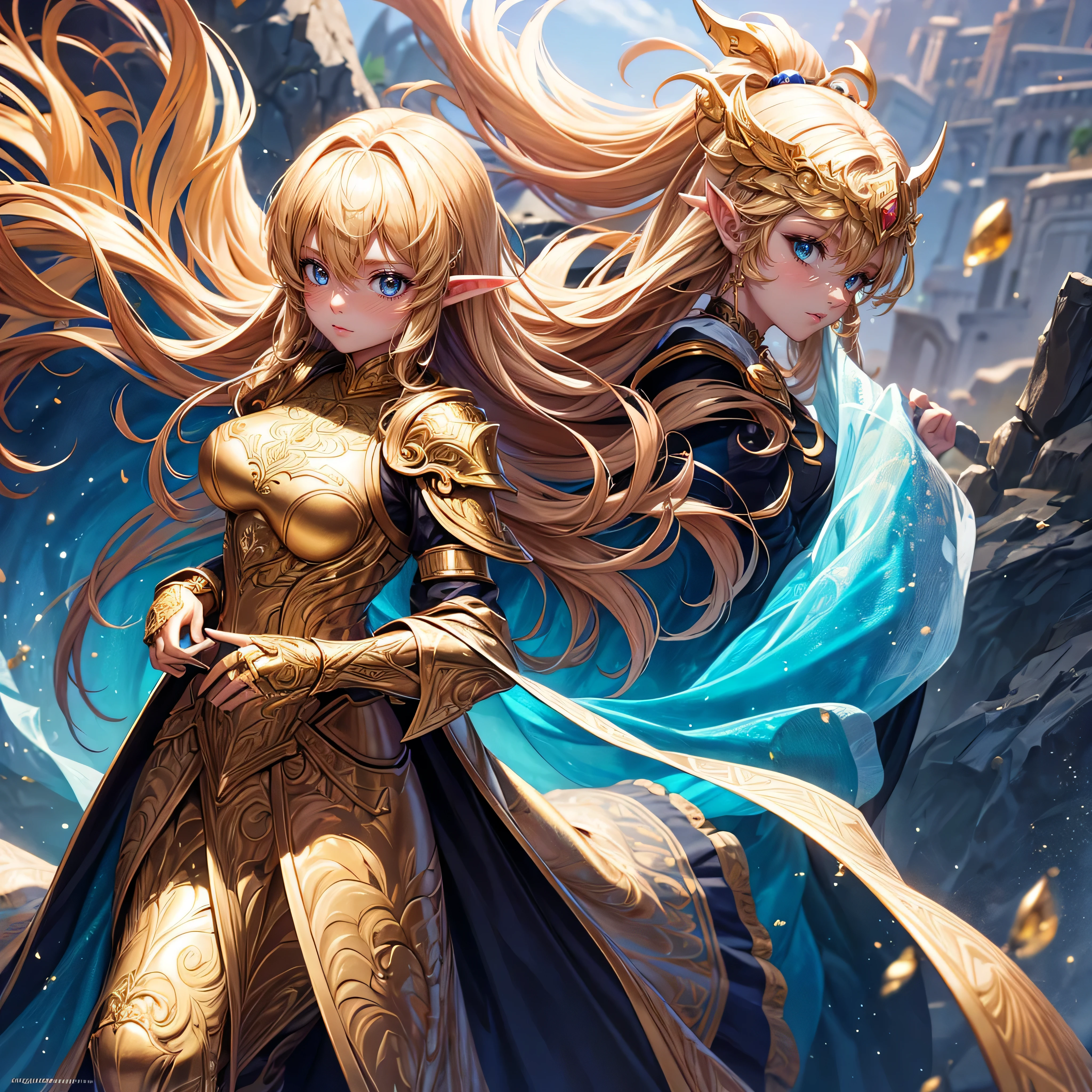 age half-elf girl in neat golden armor, BREAK, 1girl, fit golden armor suit, ornate intricate pattern details golden shoulder robe, detailed face, dusk sky, outdoor, (masterpiece), (best quality), (ultra-detailed), (tousled hair), (illustration), (fashionable clothes), standing, fashion model, looking at the viewer, (interview), floating, (high saturation), (colorful splashes), colorful bubbles, (glow),