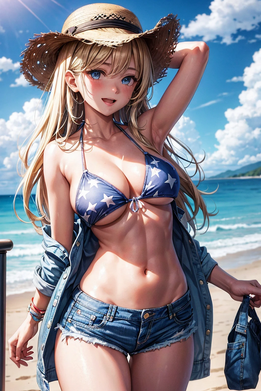 1girl, american_flag_bikini, breasts, swimsuit, solo, blue_eyes, blonde_hair, bikini, flag_print, hat, navel, outdoors, large_breasts, long_hair, looking_at_viewer, open_mouth, sky, day, smile, straw_hat, armpits, blush, cleavage, collarbone, cloud, denim, side-tie_bikini_bottom, shorts, blue_sky, beach, ocean, toned, bangs, denim_shorts, stomach