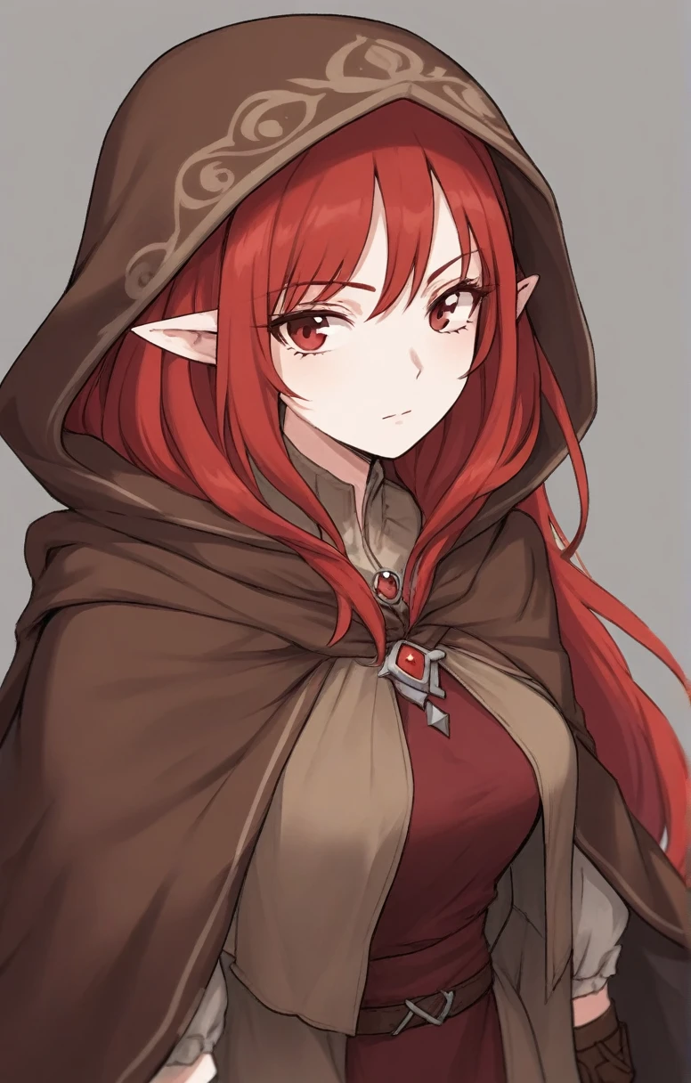 half elf, mature woman, dnd, adventurer, brown cloak, elegant, long red hair, flat chest, hood on