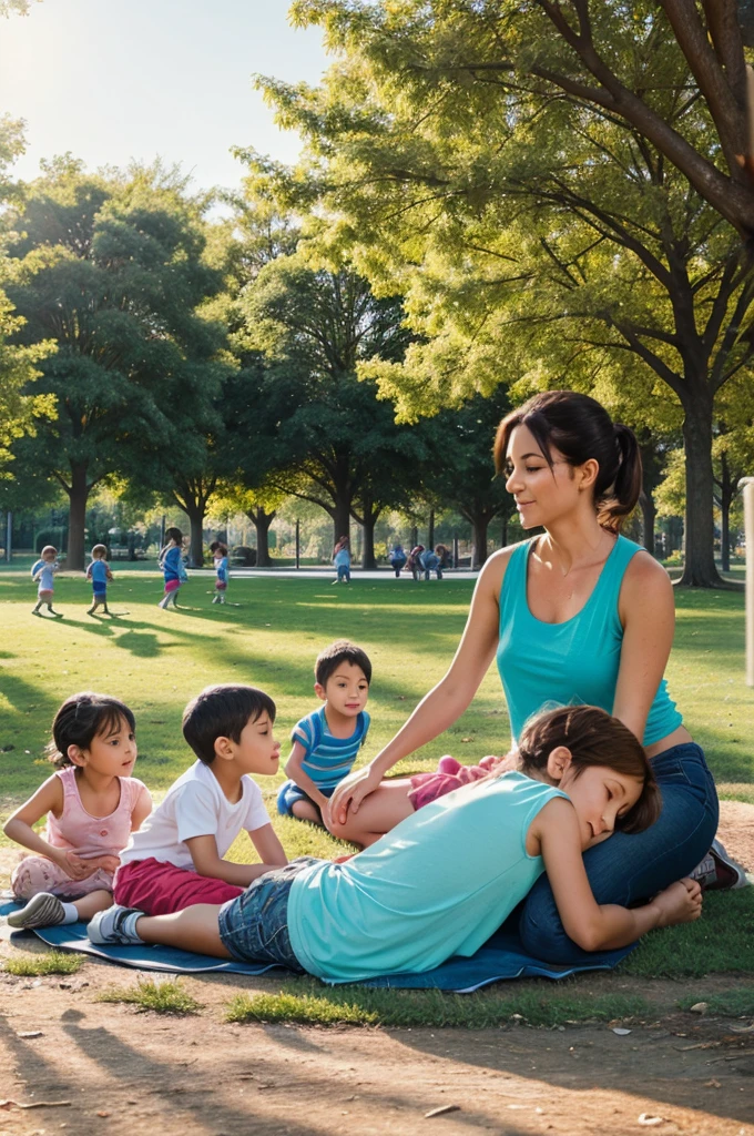 A sunny park scene with a tired-looking mother watching over multiple energetic children playing